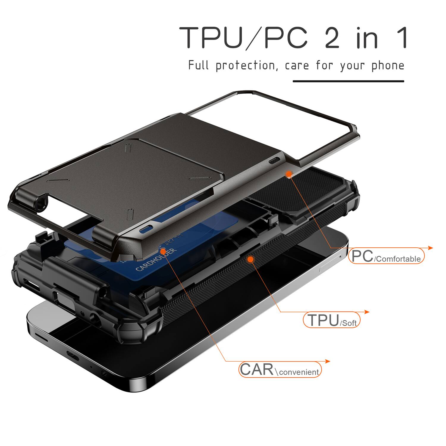 TPU/PC 2 in 1 Full protection, care for your phone

- PC / Comfortable
- TPU / Soft
- CAR / Convenient