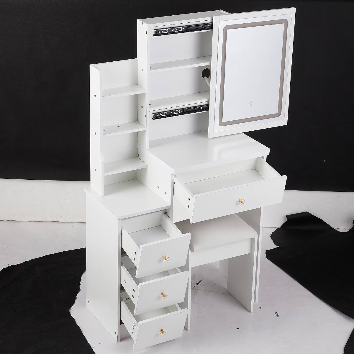 Alt View 2. Loheer - Loheer Small Makeup Vanity with LED Mirror, White, 29.2 Inch, Padded Stool - White.