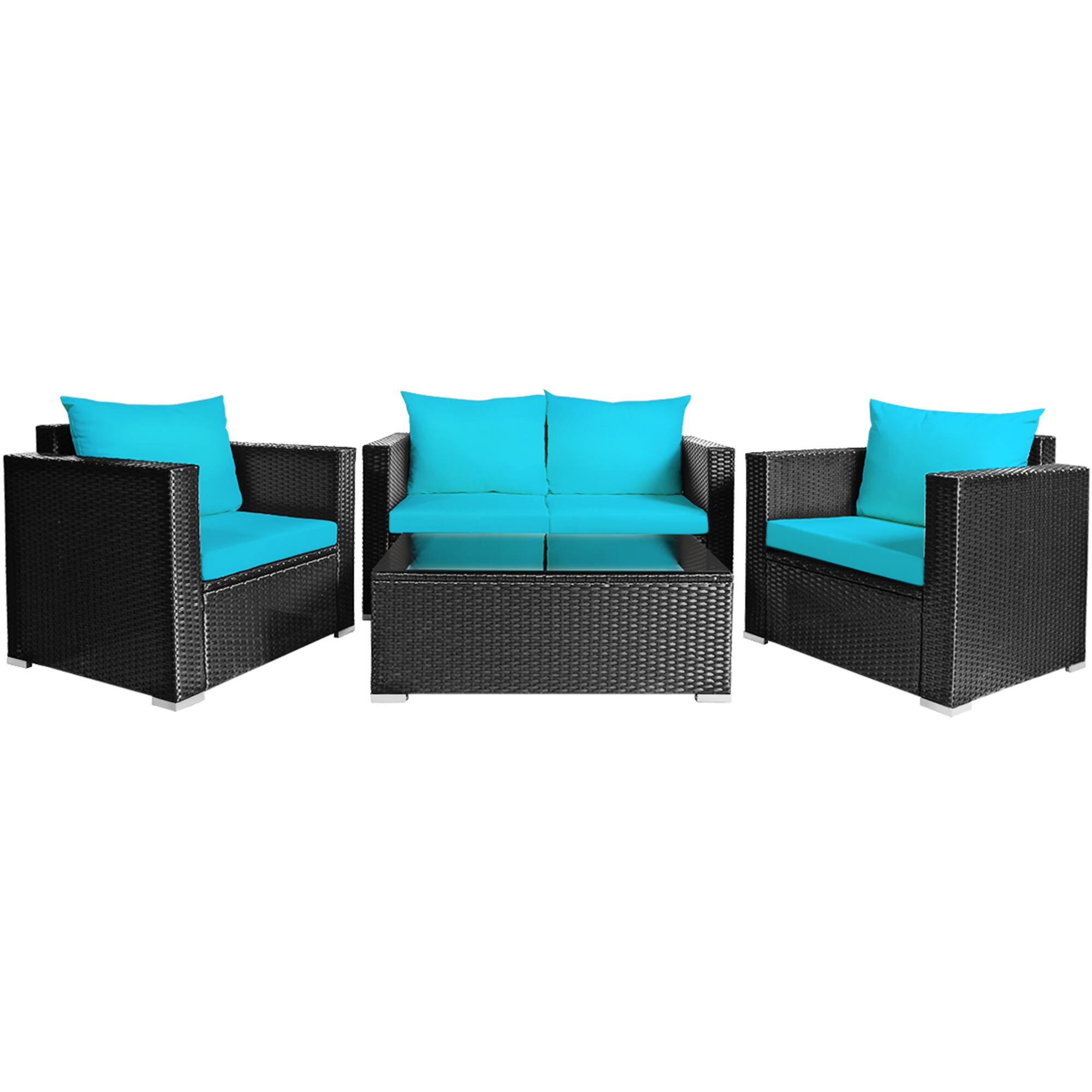 Alt View 4. Gymax - Gymax 8PCS Rattan Patio Conversation Set Outdoor Furniture Set w/ Turquoise Cushions - Turquoise.