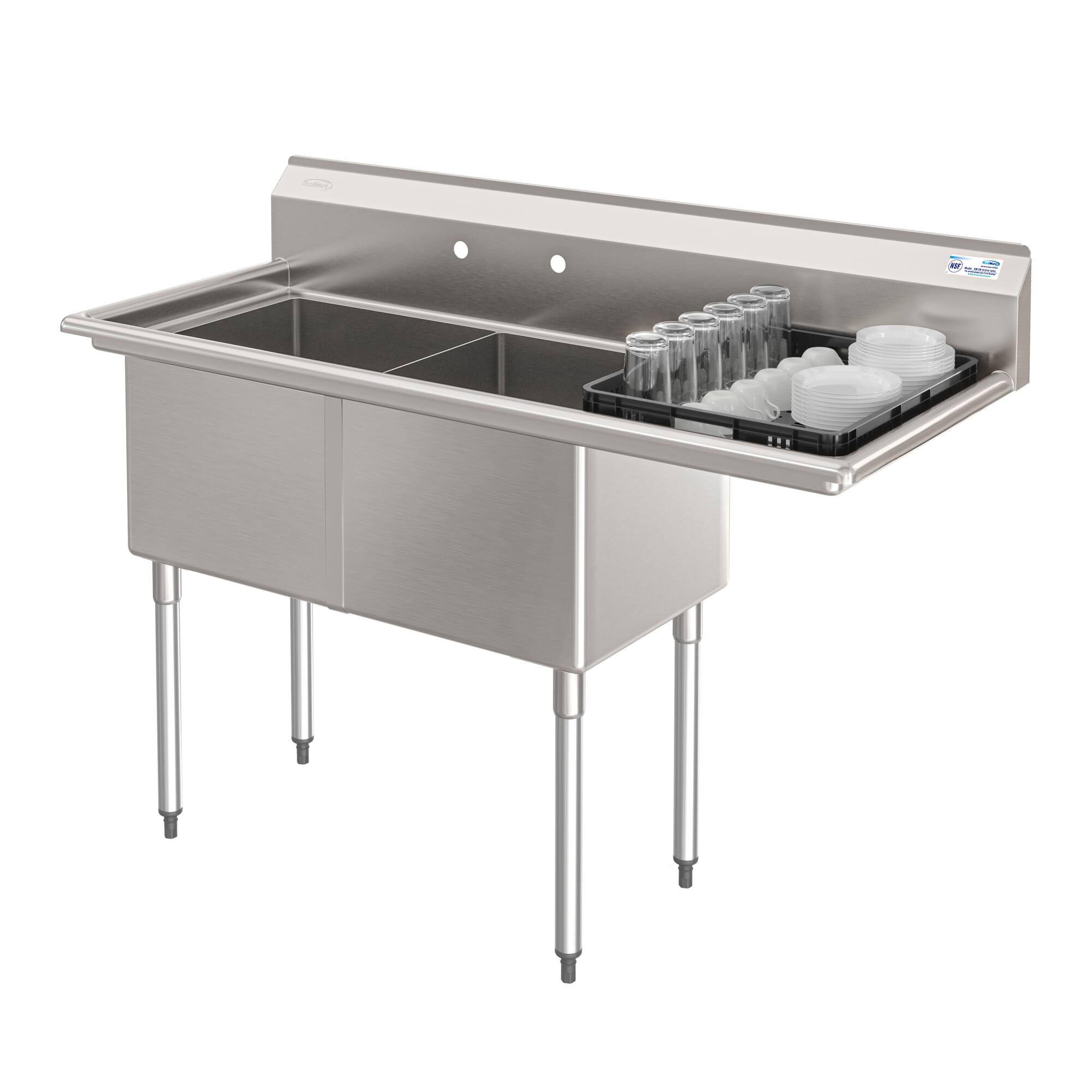 Angle. Koolmore - 57 in. 18-Gauge 2-Compartment  Sink with Backsplash and 18 in. Right Drainboard, Bowl Dimensions 18"x18"x14" - Stainless Steel.