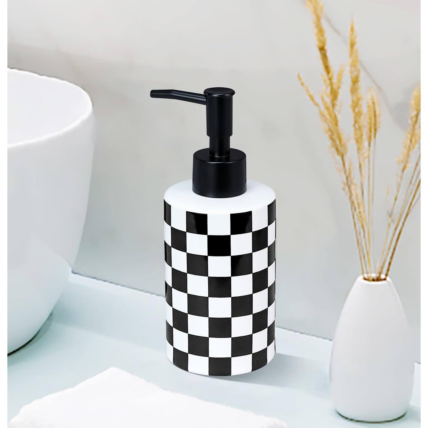 Alt View 5. Dapper Styles - Checke Soap Dispenser With Pump And Ceramic Bottle For Kitchen Bathroom Hand Containers - Pink and White Checkered Soap Dispenser.