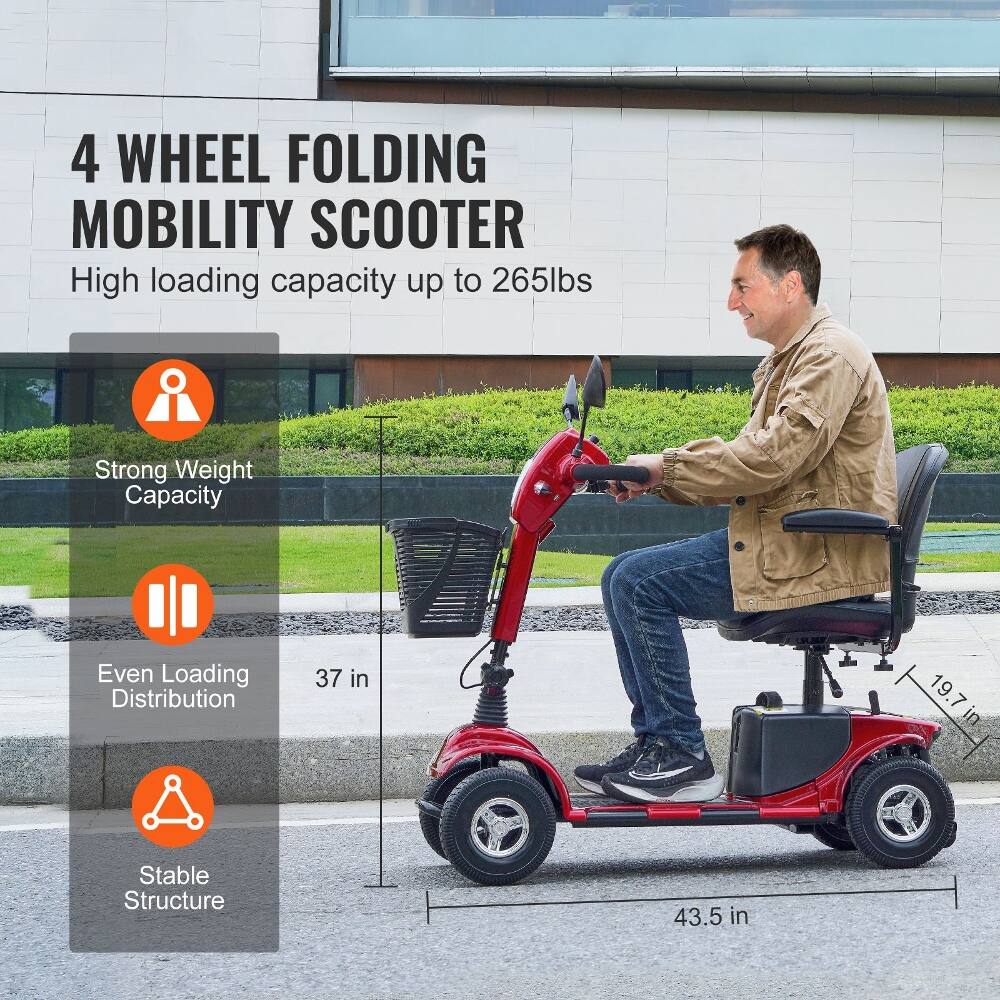 4 WHEEL FOLDING MOBILITY SCOOTER

High loading capacity up to 265lbs

Strong Weight Capacity

Even Loading Distribution

Stable Structure

37 in

19.7 in

43.5 in