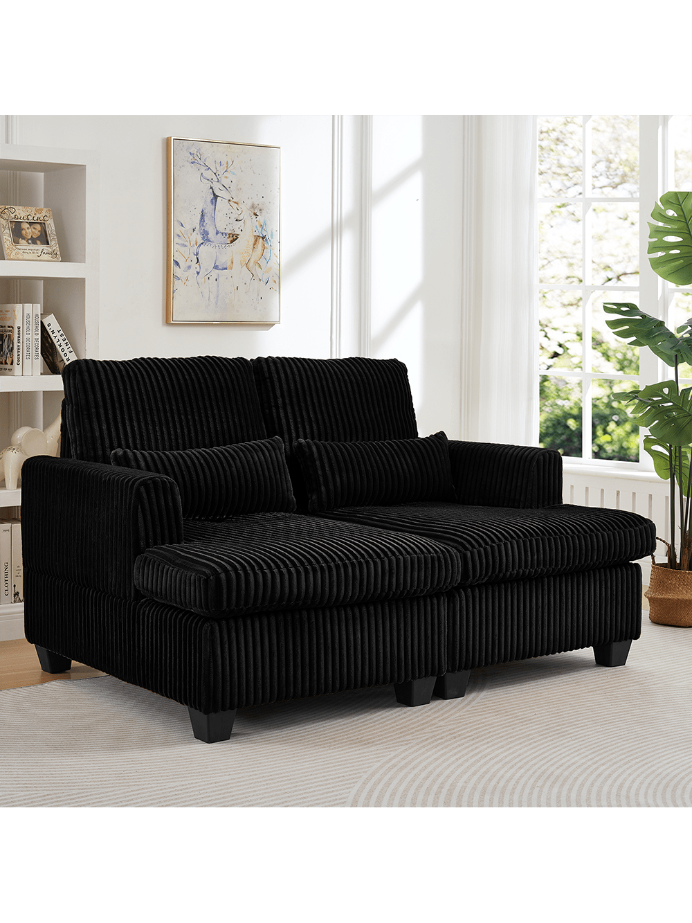 Trinkets Crazed - 61 Inch Corduroy Love Seat Sofa Couch With Square Armrest,Loveseat Sleeper Couch With Adjustable Back,Double Lounge - Black