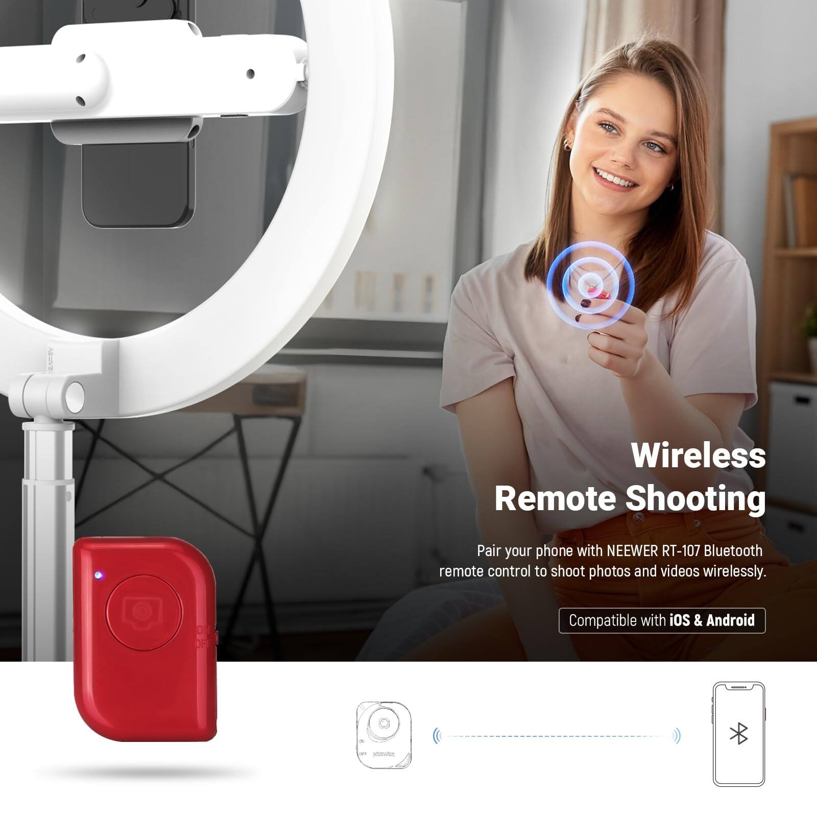 Wireless Remote Shooting  
Pair your phone with NEEWER RT-107 Bluetooth remote control to shoot photos and videos wirelessly.  
Compatible with iOS & Android