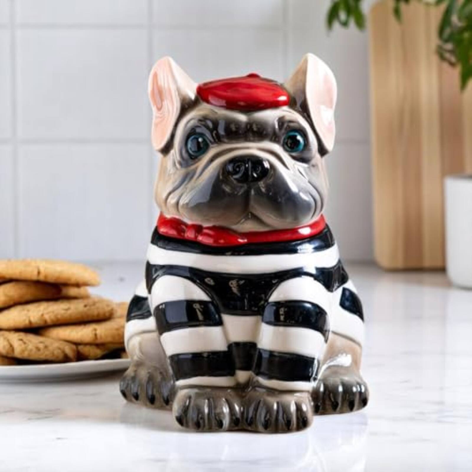 Angle. Pacific Trading - Le French Bulldog Cookie Jar, Ceramic, Black and White Striped Shirt, Kitchen Decor, Storage Accessory - Multicolor.