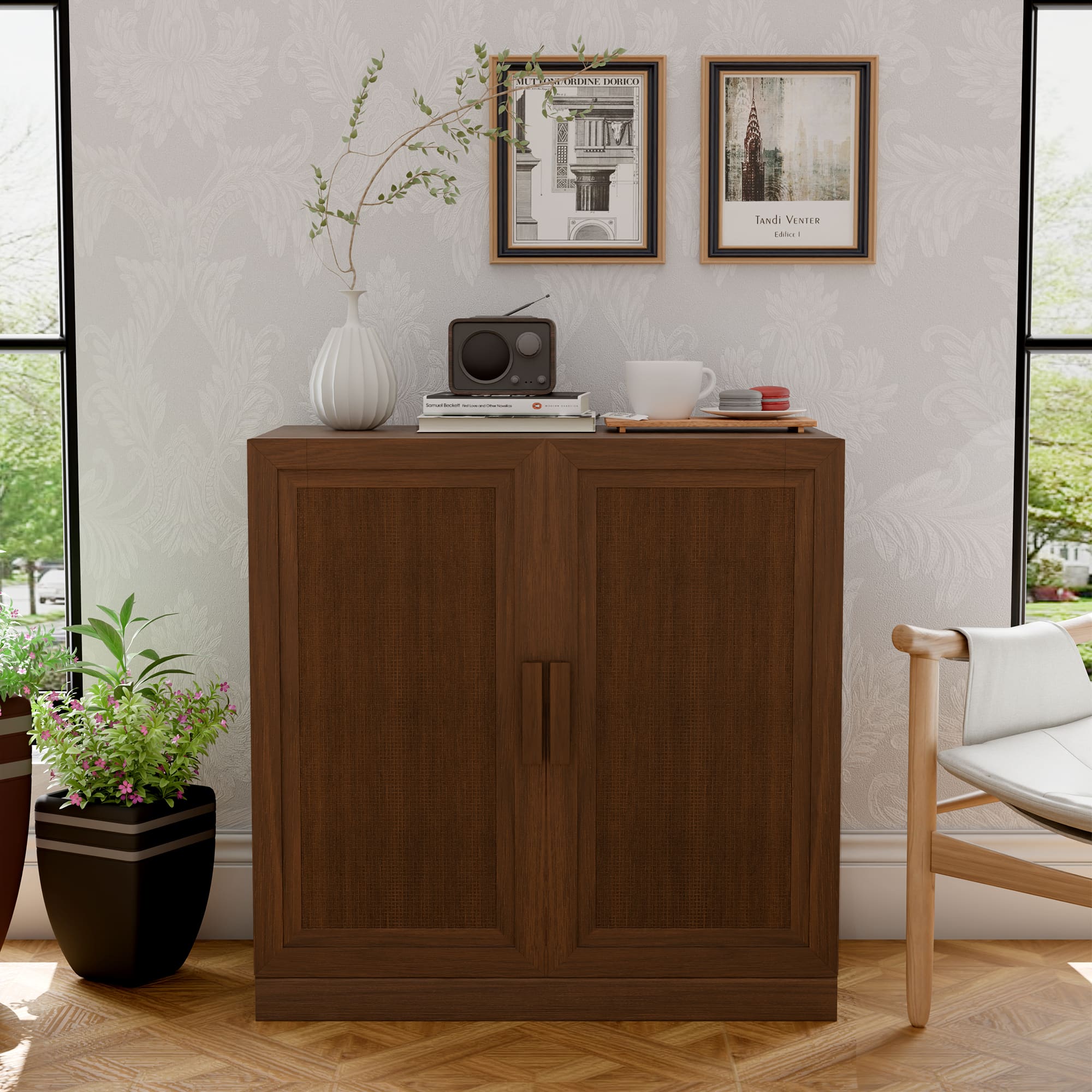 PexFix - Farmhouse Buffet Sideboard, 31" W Solid Oak Accent Cabinet with Scratch-Proof, Woven Doors and 2 Adjustable Shelves - Light Walnut