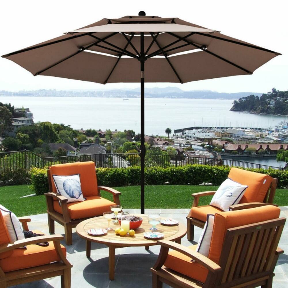 Left. Mondawe - 10 Feet 3 Tier Outdoor Patio Umbrella with Double Vented - Tan.