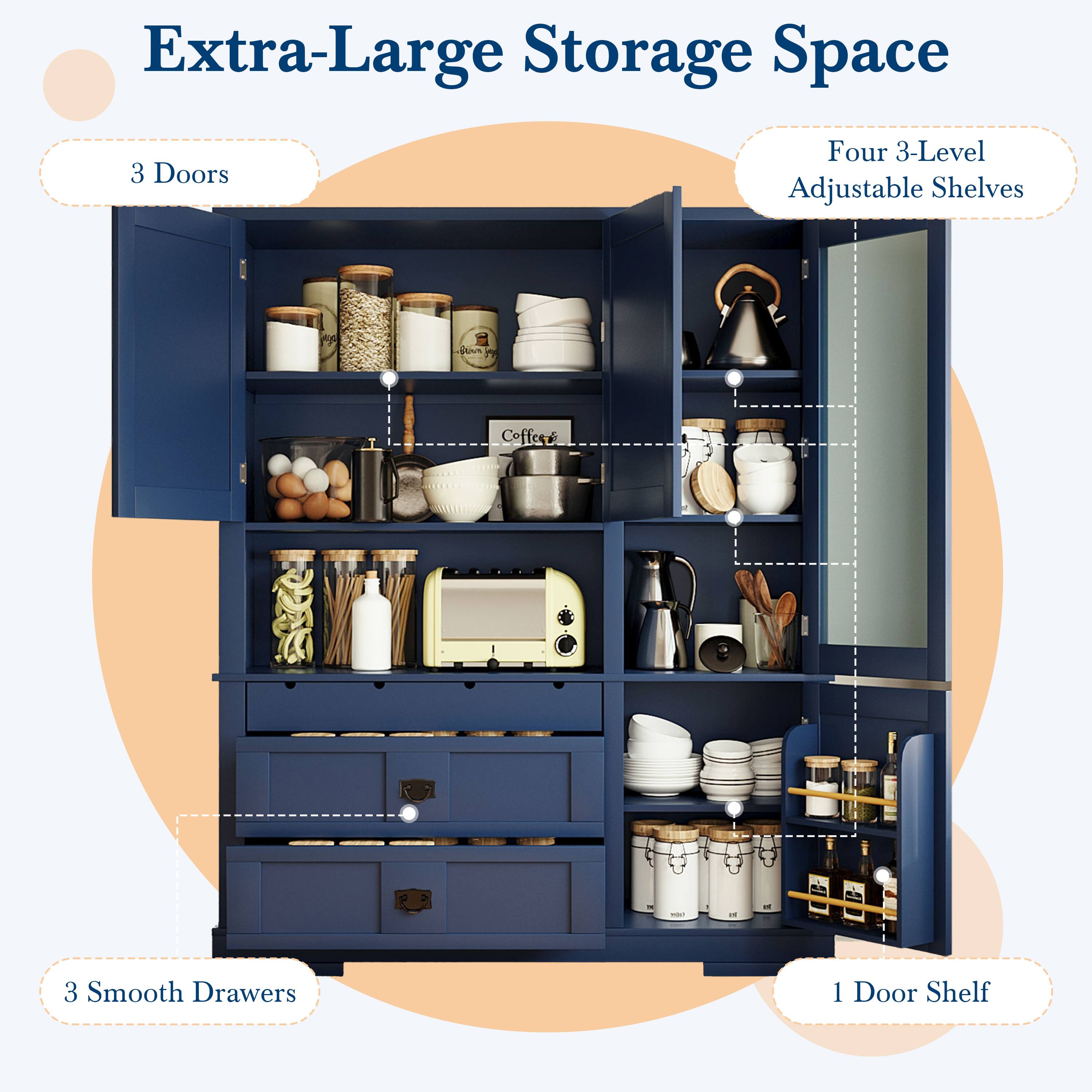 Extra-Large Storage Space  
3 Doors  
Four 3-Level Adjustable Shelves  
3 Smooth Drawers  
1 Door Shelf