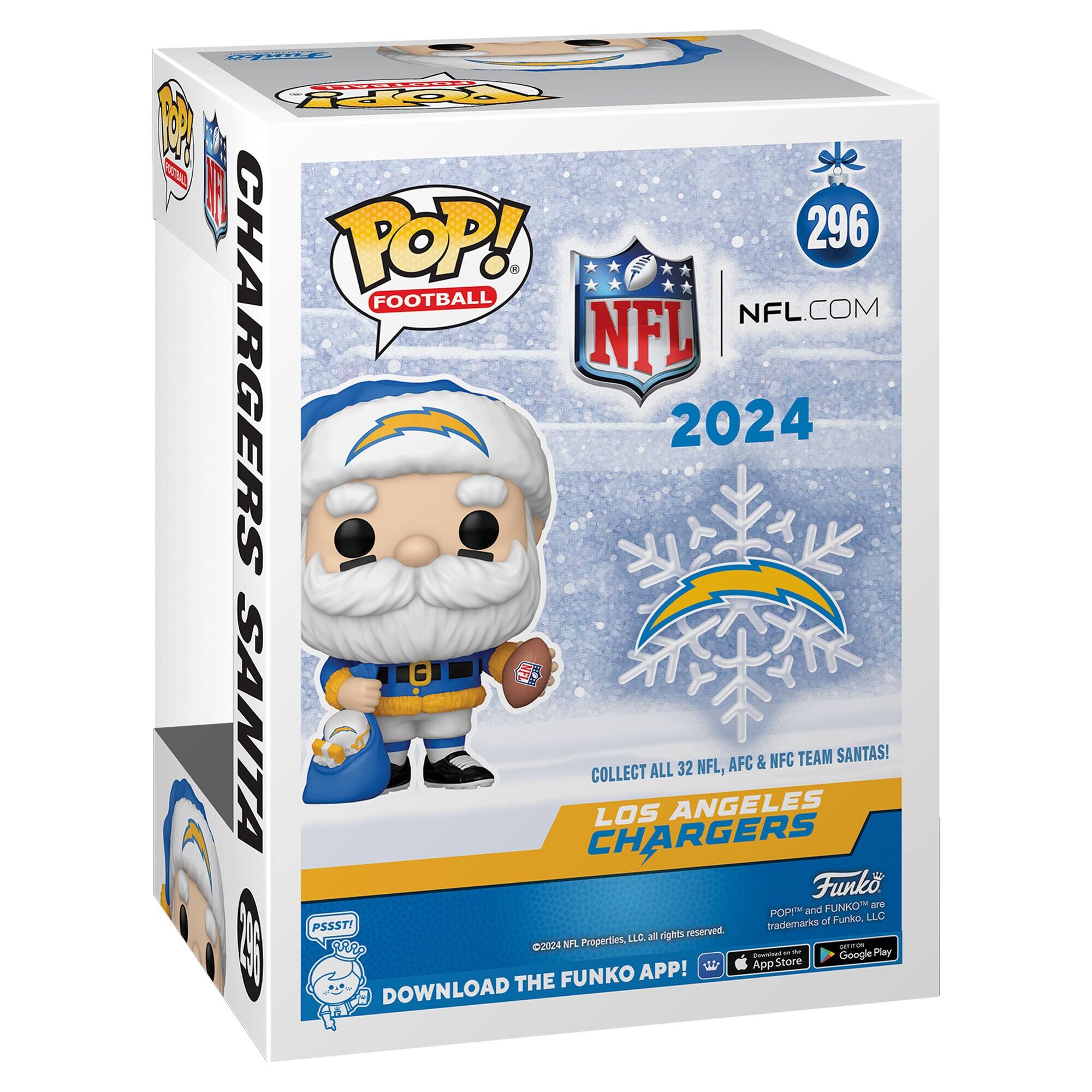 Sure, here is the corrected and grouped text from the image:

---

**Front:**

- POP! FOOTBALL
- NFL.COM
- 2024
- COLLECT ALL 32 NFL, AFC & NFC TEAM SANTAS!
- LOS ANGELES CHARGERS
- Funko
- POP! and FUNKO are trademarks of Funko, LLC. ©2024 NFL Properties, LLC. All rights reserved.
- DOWNLOAD THE FUNKO APP!
- App Store
- Google Play

**Side:**

- CHARGERS SANTA
- 296

**Top:**

- POP! FOOTBALL
- NFL.COM
- 2024

**Bottom:**

- PSSST!
- DOWNLOAD THE FUNKO APP!

---