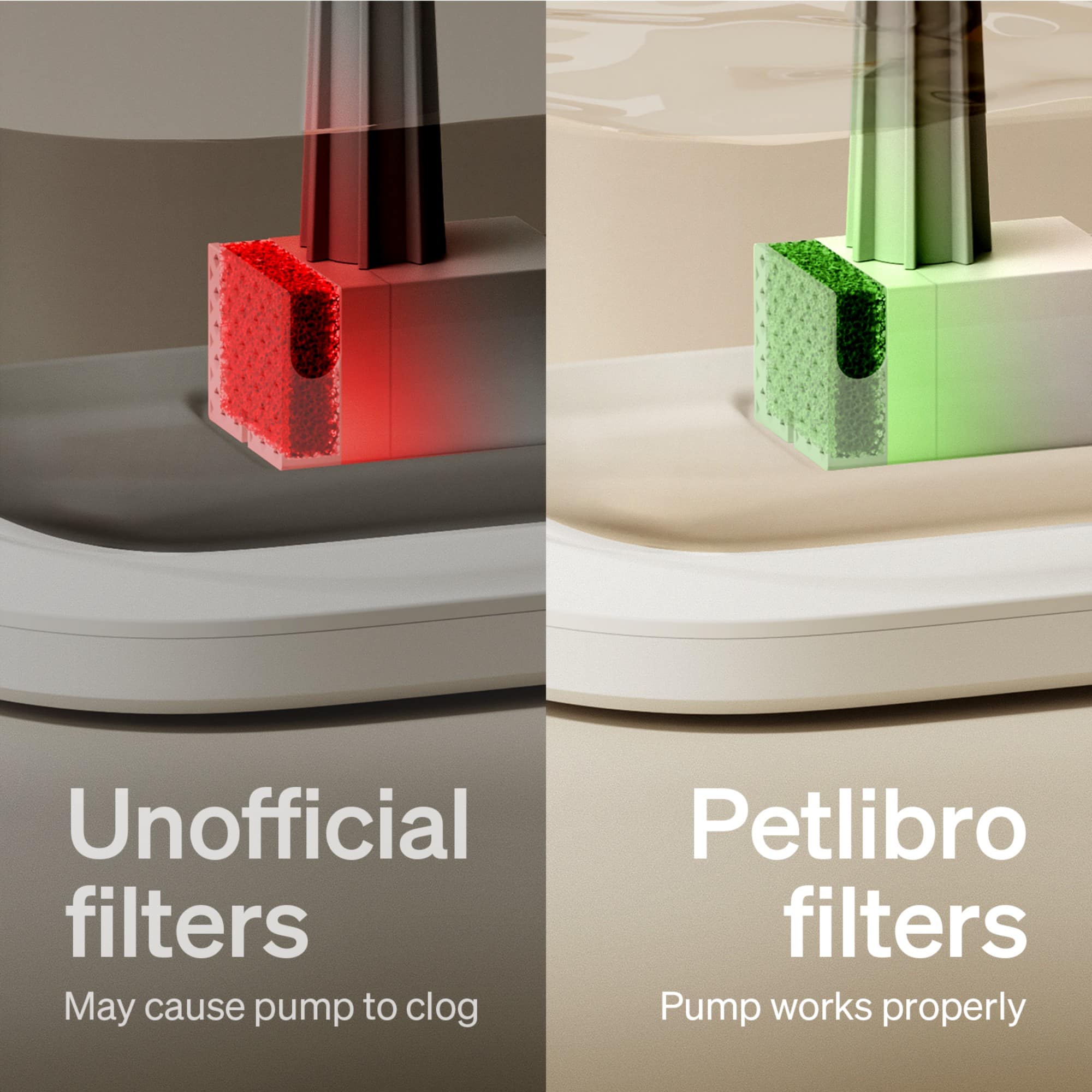 Unofficial filters may cause pump to clog. Petlibro filters pump works properly.