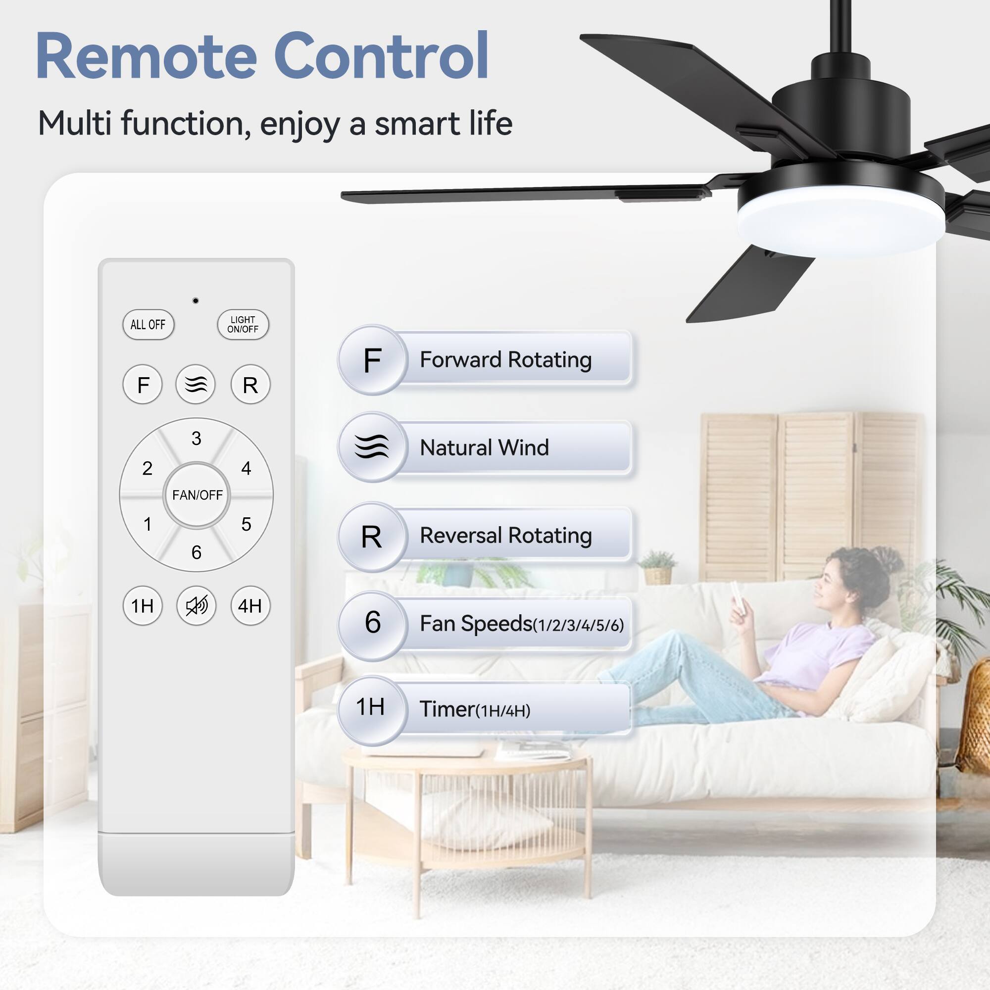 Remote Control
Multi function, enjoy a smart life
ALL OFF
F LIGHT ON/OFF
R
F Forward Rotating
2 3 4 FAN/OFF
Natural Wind
1 6 5 R Reversal Rotating
1H  4H
6 Fan Speeds(1/2/3/4/5/6)
1H Timer(1H/4H)