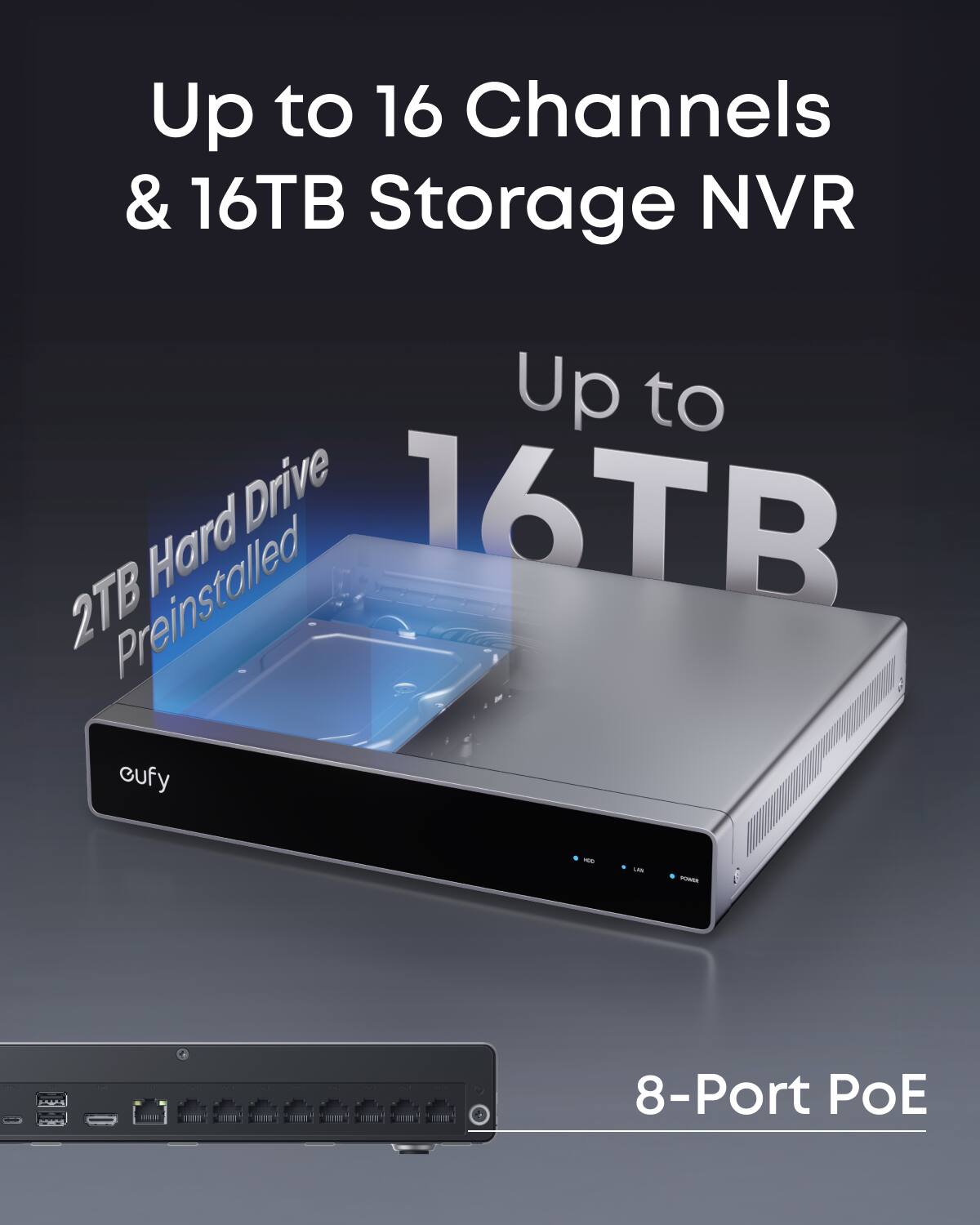 Up to 16 Channels & 16TB Storage NVR  
Up to 16TB  
2TB Hard Drive Preinstalled  
8-Port PoE