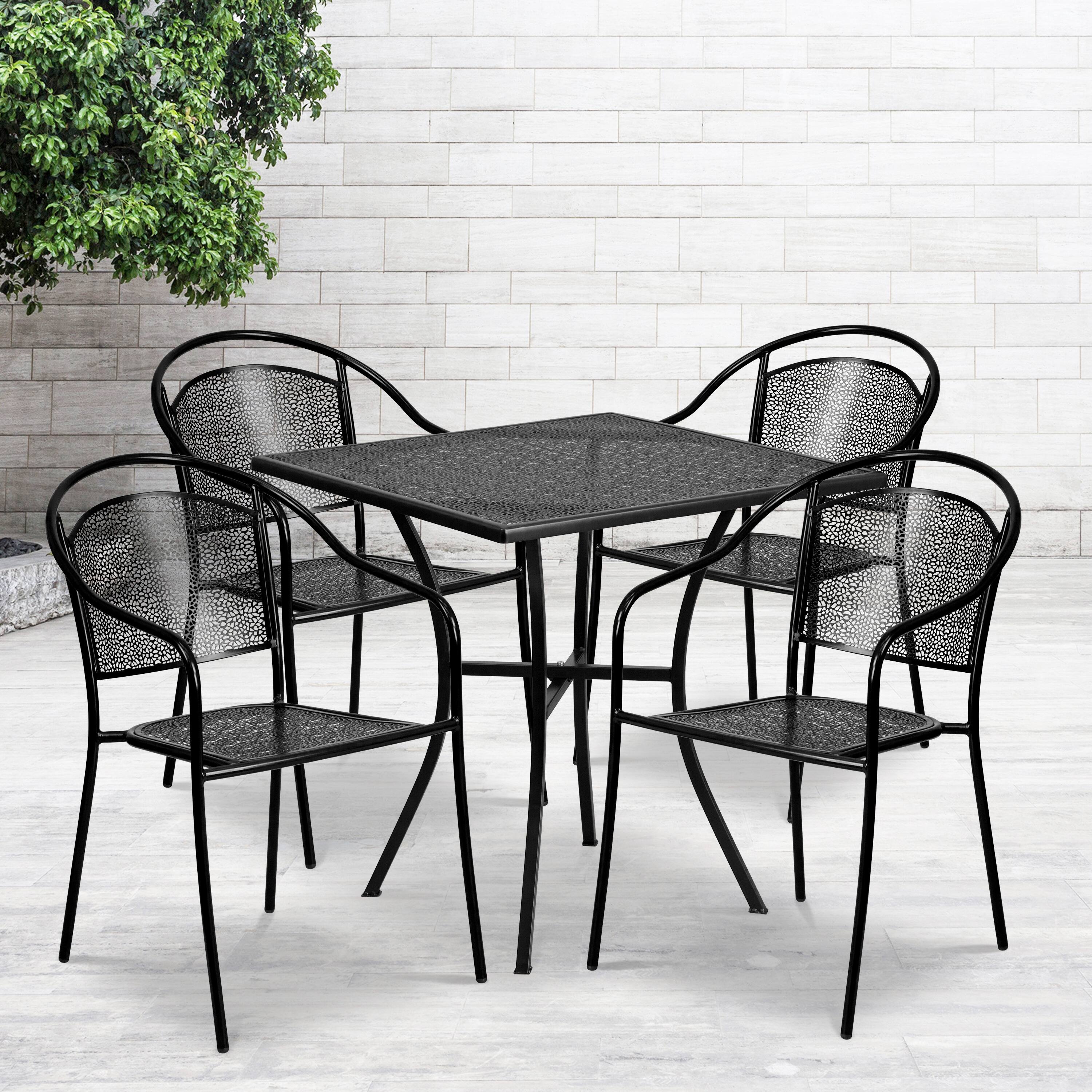 Alt View 1. Emma + Oliver - Commercial Grade 28" Square Metal Garden Patio Table Set w/ 4 Round Back Chairs - Black.