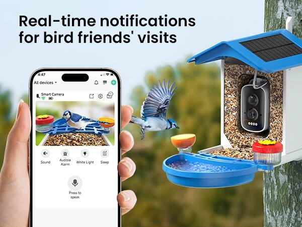 Real-time notifications for bird friends' visits

4:47

All devices

Smart Camera

Sound

Audible Alarm

White Light

Sleep

Press to speak