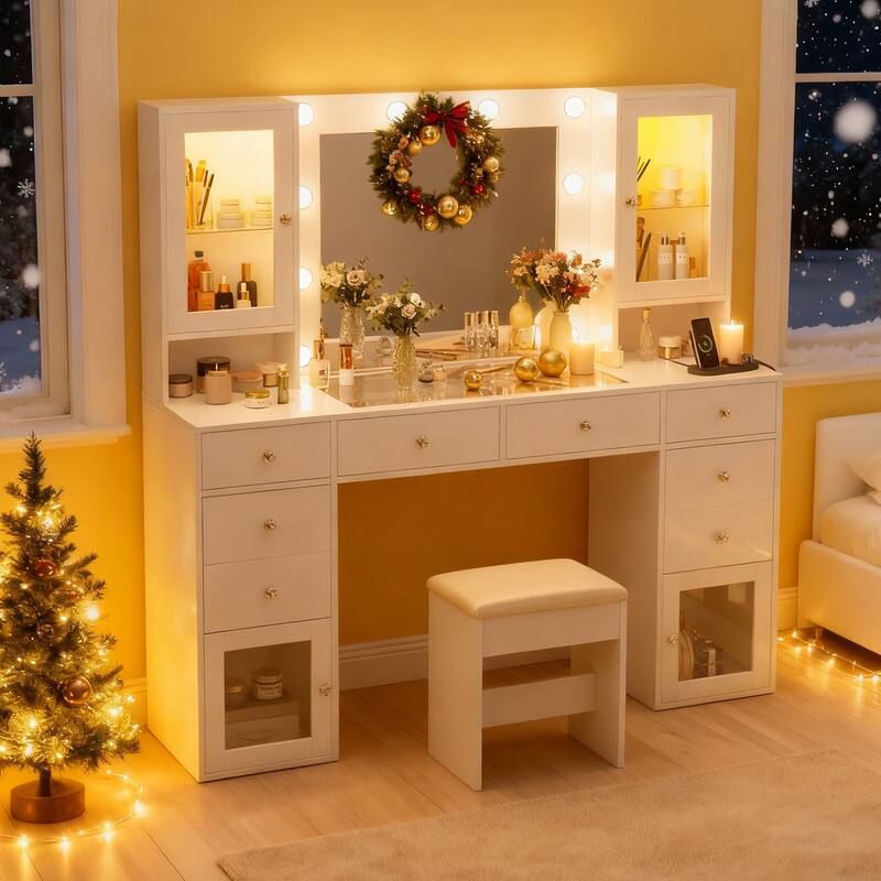 Alt View 5. Dyonery - Vanity Desk with Mirror, LED Lights and Power Outlet Makeup Vanity Table with 10 Drawers and 6 Storage Shelves Dressing - White.