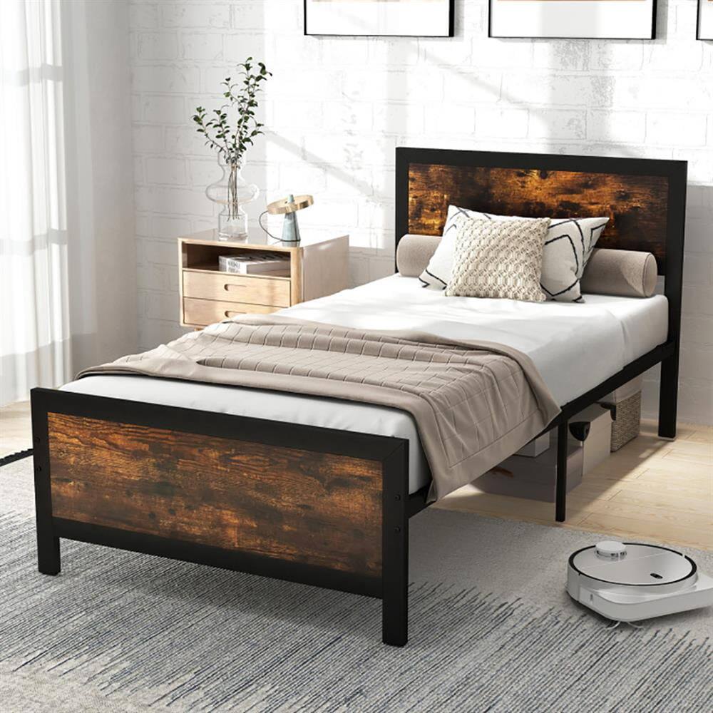 Alt View 2. Kadyn - Platform Bed Frame Bedroom Bed FrameMetal Bed Frame with Headboard and FootboardTwin Size - Brown.
