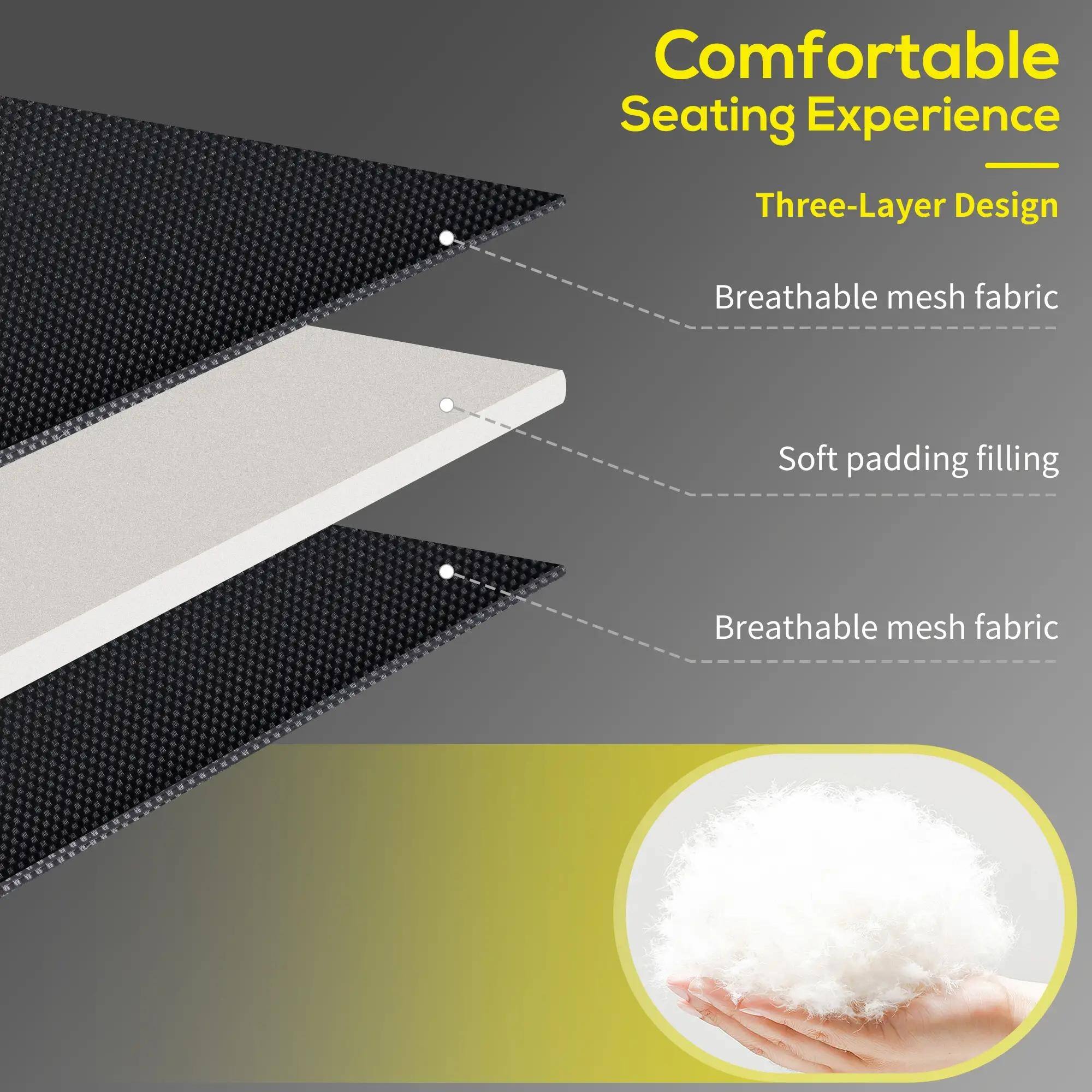 Comfortable Seating Experience - Three-Layer Design
Breathable mesh fabric
Soft padding filling
Breathable mesh fabric