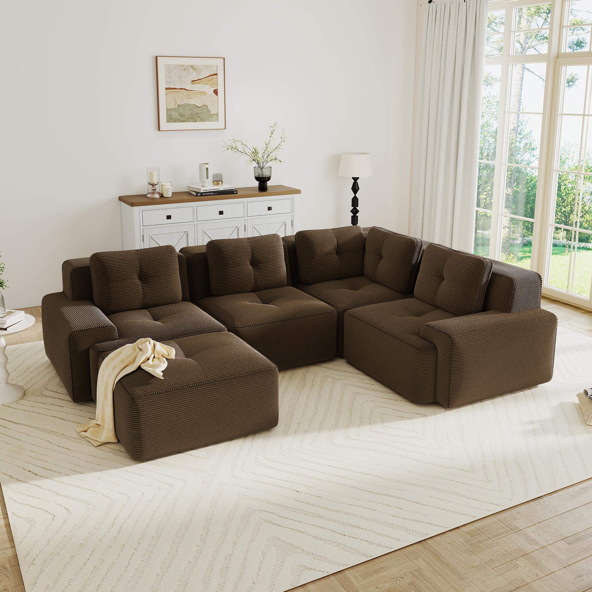 Angle. Roomtec - Modern Modular Sectional Sofa with 4SeaterV Shaped Corner CouchCorduroy FabricDeep Seat for Living Room Movable - Brown.