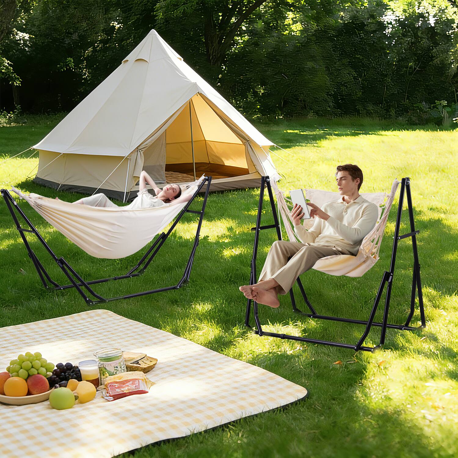 Left. Ainfox - Foldable Hammock with Stand, 2-in-1 Hammock Swing Chair for Outdoor Patio, Portable Heavy Duty with Carrying Bag - White.