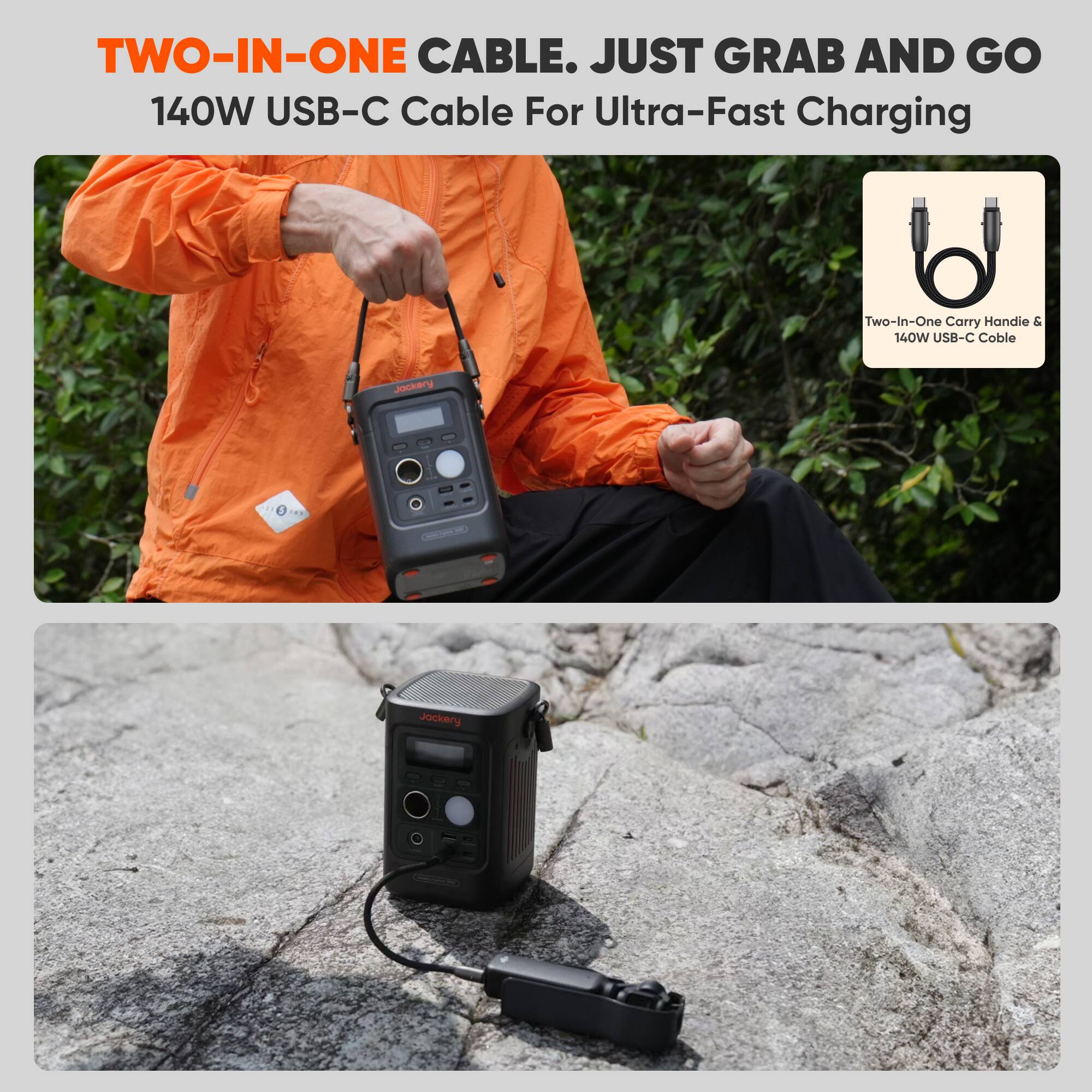 TWO-IN-ONE CABLE. JUST GRAB AND GO  
140W USB-C Cable For Ultra-Fast Charging  

Two-In-One Carry Handle & 140W USB-C Cable