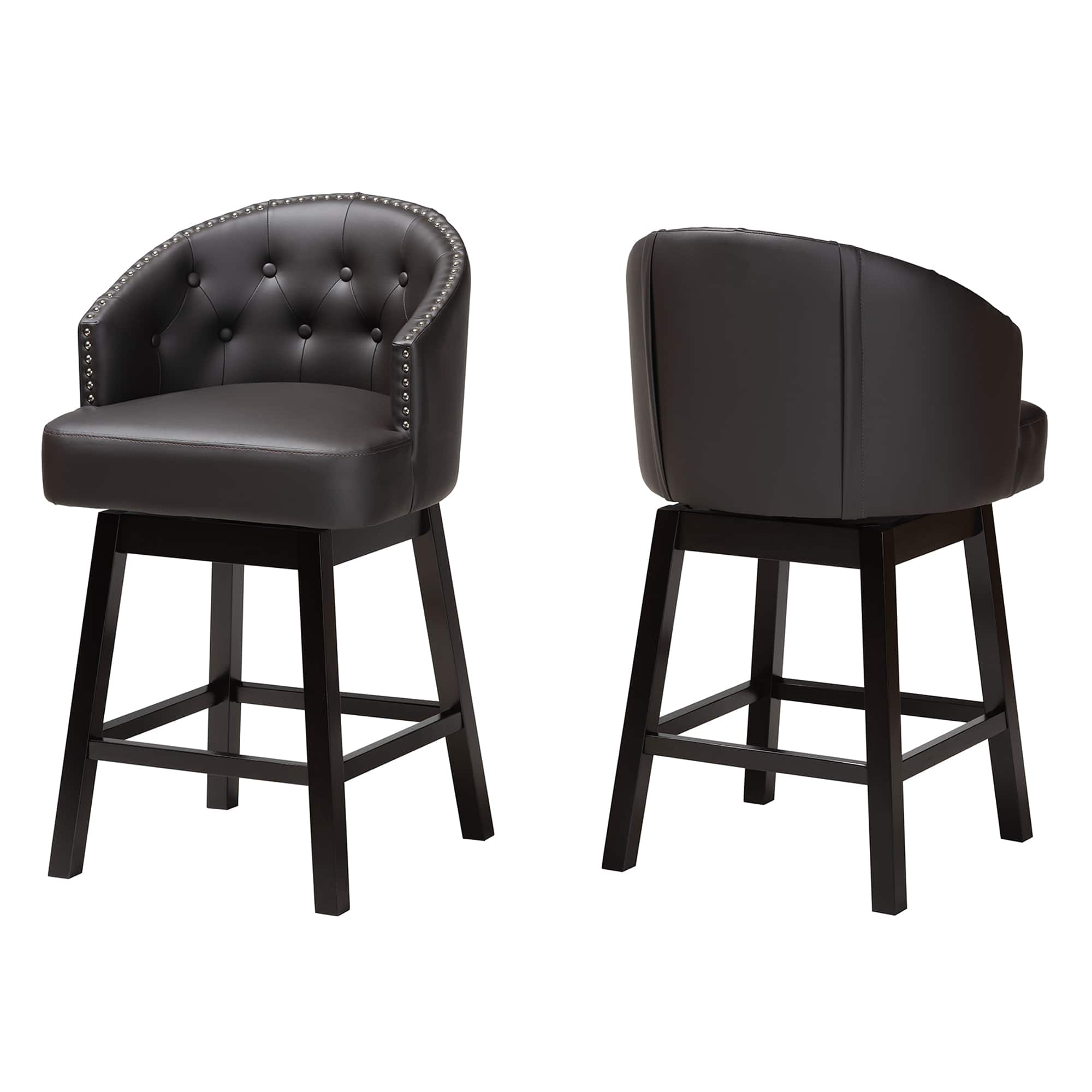 Baxton Studio - Theron Mid-Century Transitional Faux Leather and Espresso Finished Wood 2-Piece Swivel Counter Stool Set - Dark Brown/Espresso Brown