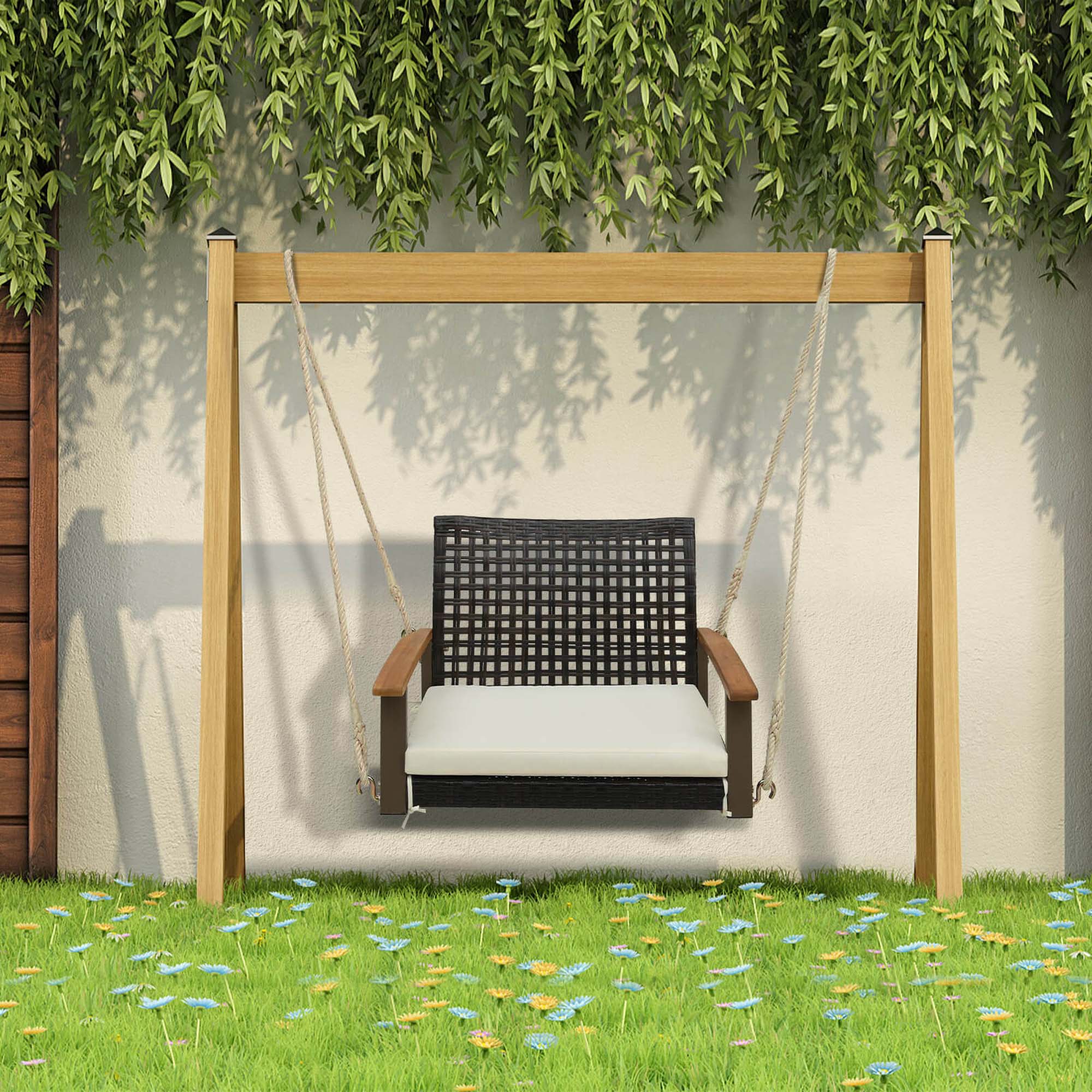Alt View 1. Costway - Costway Outdoor Single Swing Chair Bench 1-Person Rattan Porch Swing with Cushion - Mix Brown,Off White.