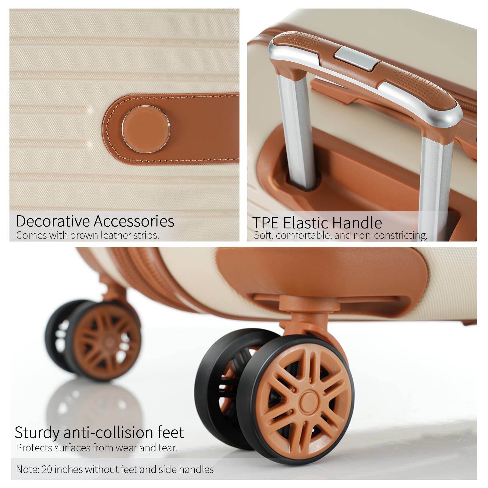 Decorative Accessories  
Comes with brown leather strips.

TPE Elastic Handle  
Soft, comfortable, and non-constricting.

Sturdy anti-collision feet  
Protects surfaces from wear and tear.

Note: 20 inches without feet and side handles