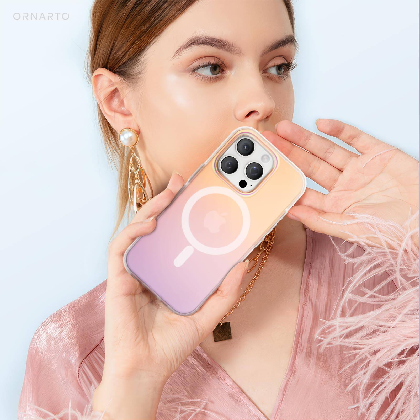 Alt View 5. Ornarto - ORNARTO Magnetic Case for iPhone 15 Pro 6.1" Compatible with MagSafe,Shockproof Protective Rainbow Phone Case-Sunset - Sunset.