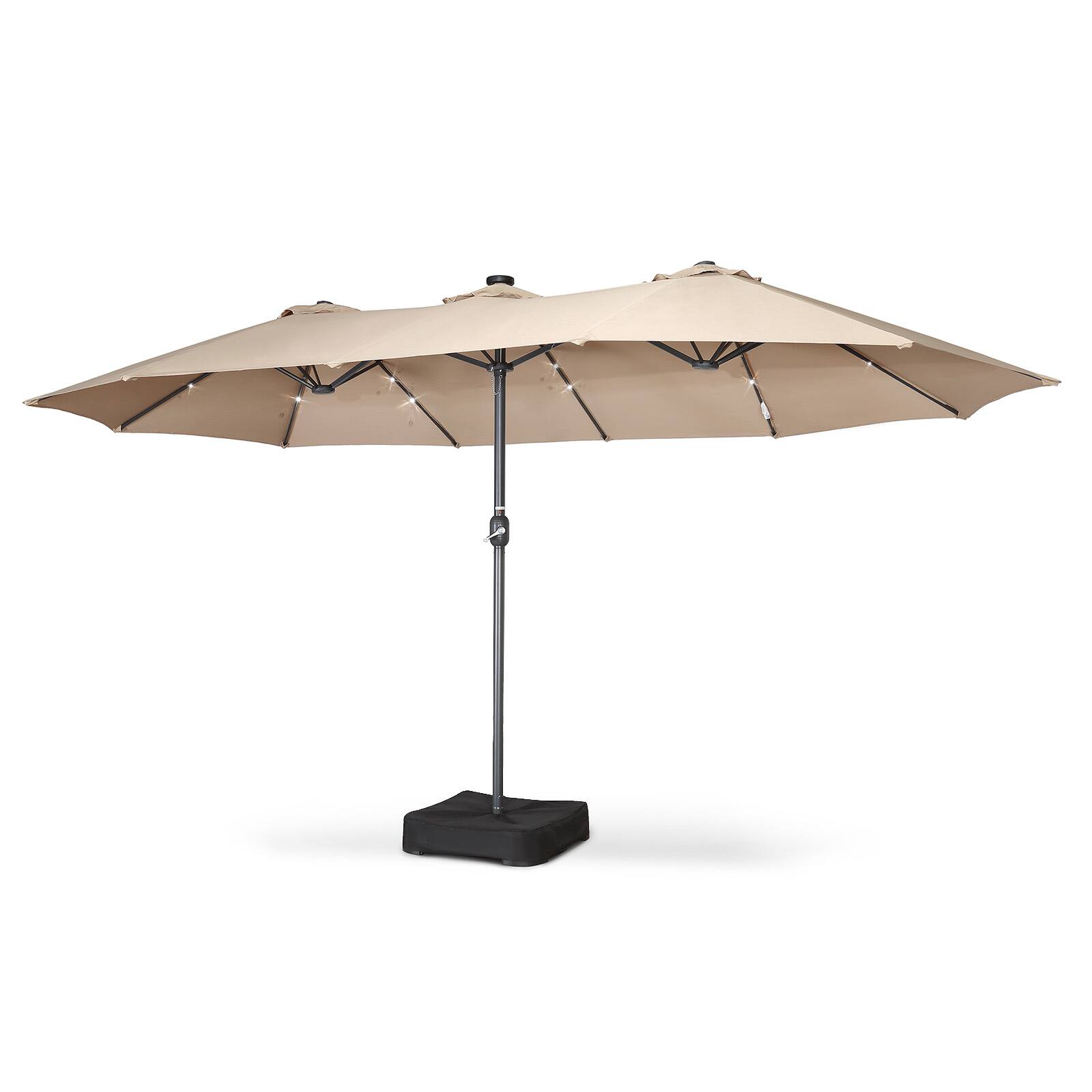 Front. Home Zone Living - HOME ZONE LIVING 15x9ft Double Head Patio Umbrella w/ Base, 36 LED Lights, Sand Bags, Beige.
