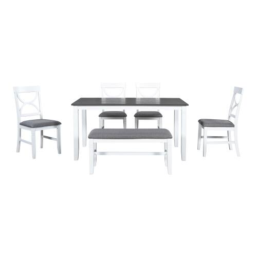 Back. LUCKY ONE - 6-Piece Farmhouse Dining Set with 60" Rectangular Dining Table, Bench and 4 Upholstered Chairs - White.