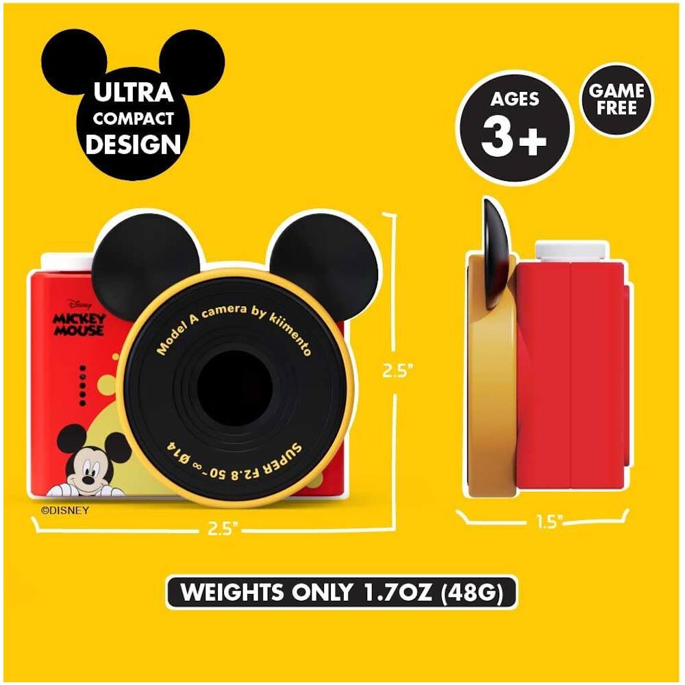 ULTRA COMPACT DESIGN  
AGES 3+  
GAME FREE  

Model A camera by kimemto  
Disney MICKEY MOUSE  

SUPER 50 F2.8  
2.5"  
1.5"  

WEIGHTS ONLY 1.7OZ (48G)