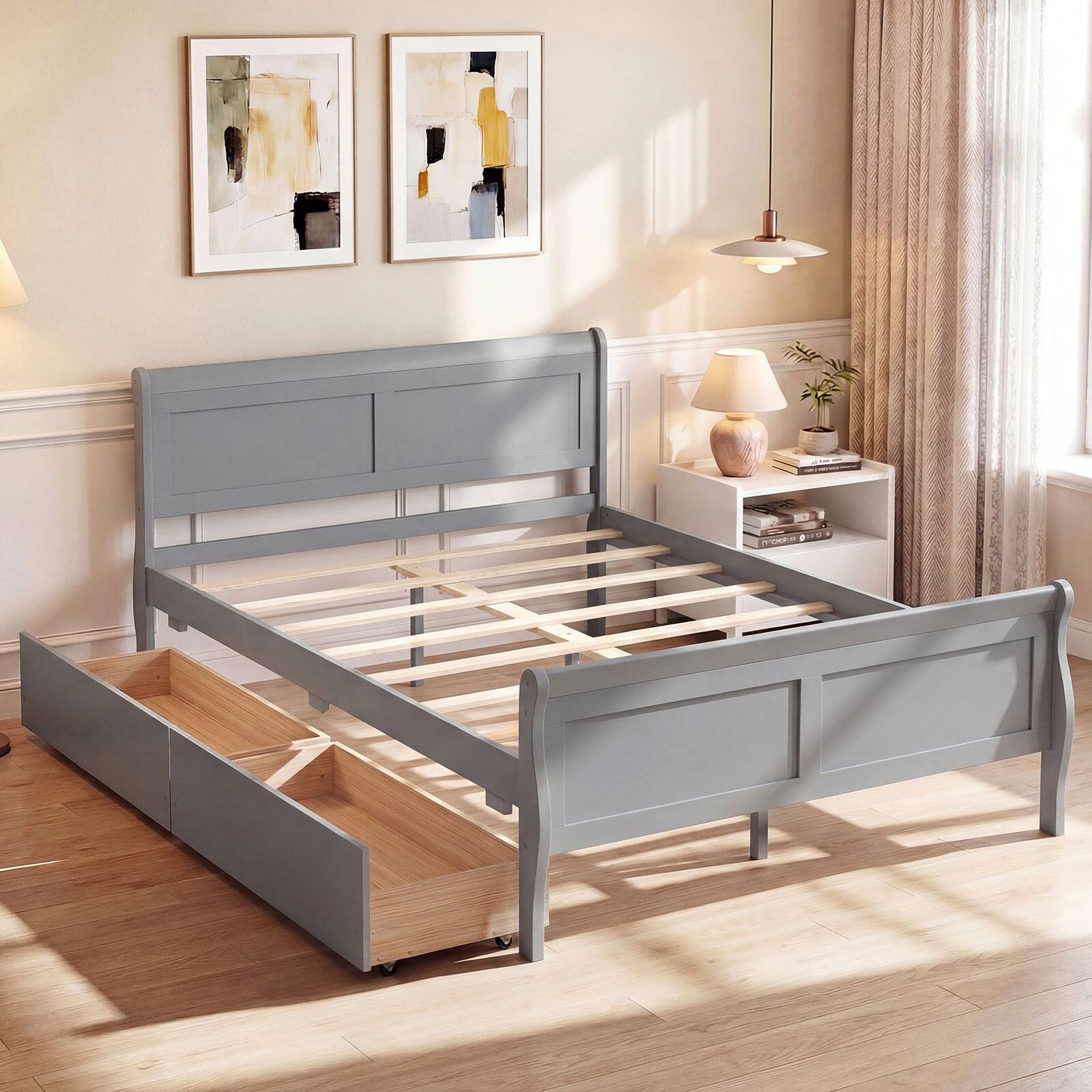 Alt View 5. Costway - Costway Full Size Bed Frame with Storage Drawers, Wood Platform Bed with Headboard Footboard - Gray.