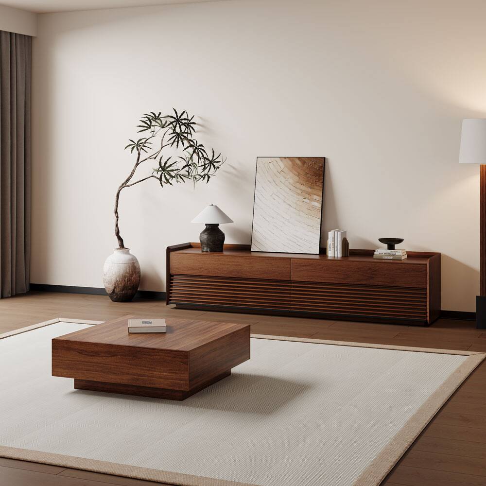 Left. POVISON - 79"Fully-Assembled Mid-Century TV Stand, Walnut Modern Cabinet with Adjustable Light, Perfect for 75-inch TVs - Walnut.