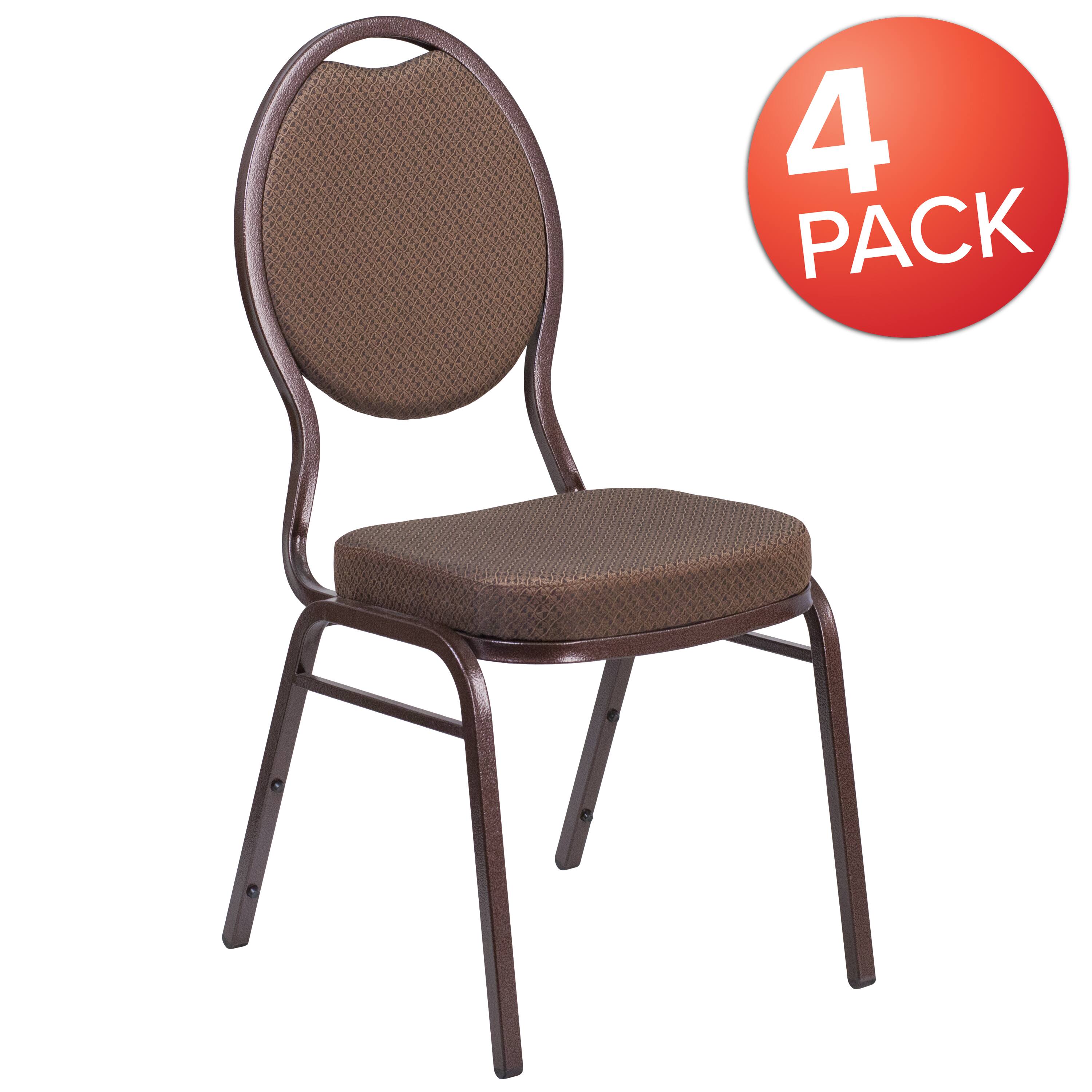 Alt View 1. Emma + Oliver - 4 Pack Teardrop Back Stacking Banquet Chair - Brown Patterned Fabric/Copper Vein Frame.