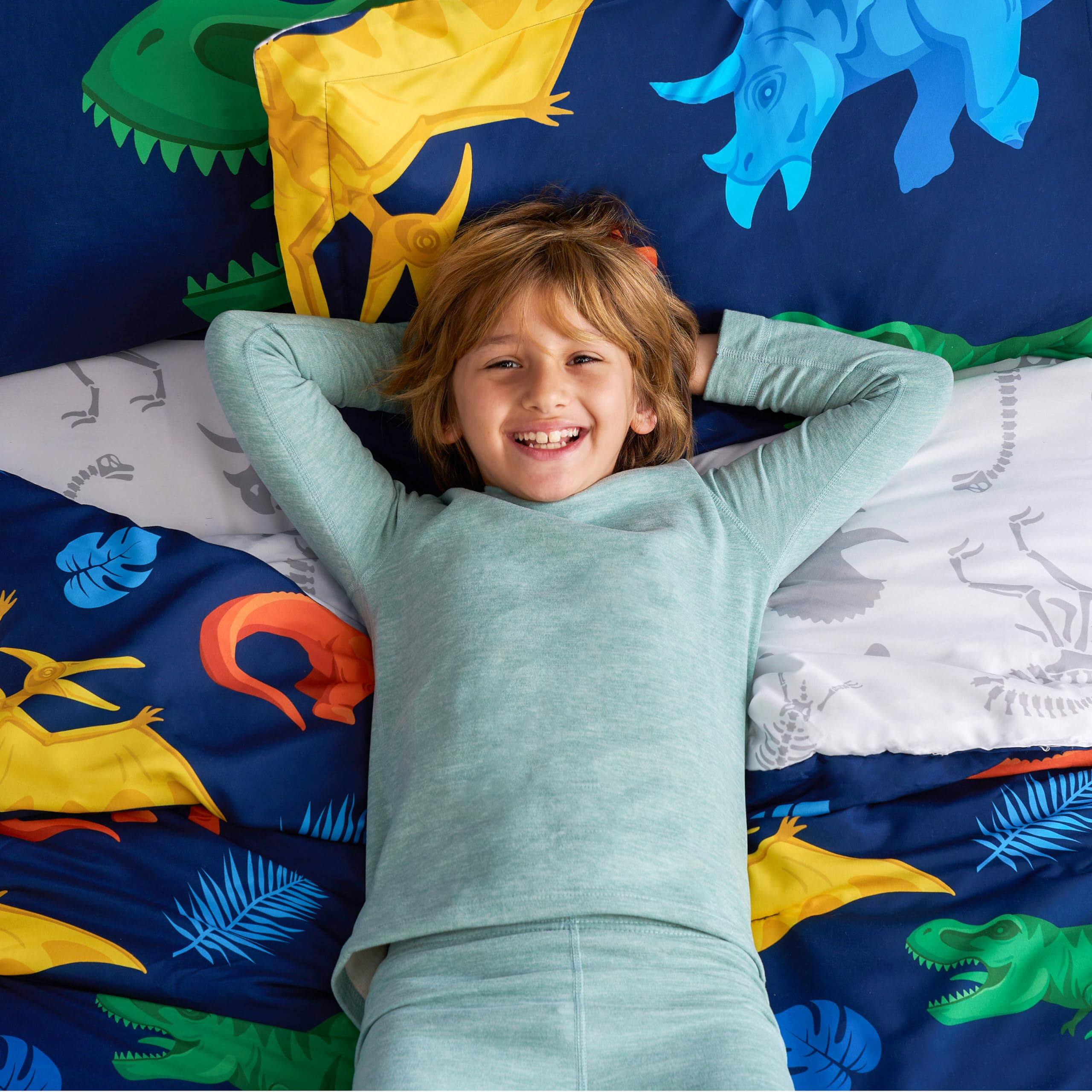 Left. TECH SAFARI - Comforter Set 5 Piece Dinosaur Bedding For Super Soft Microfiber Bed In A Bag With Sheets Pillowcase Sham - Dark Blue Construction Vehicle Twin.