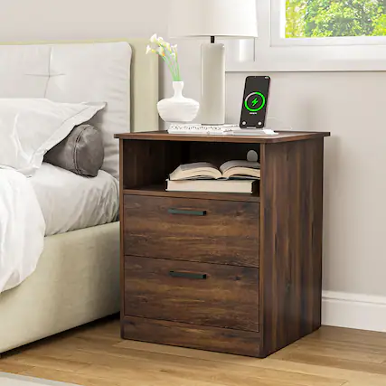 Front. Kadyn - Kadyn Wood Nightstand With Charging Station, Bedside Table With 2 Drawers, Bedroom - BR 2-Pack.