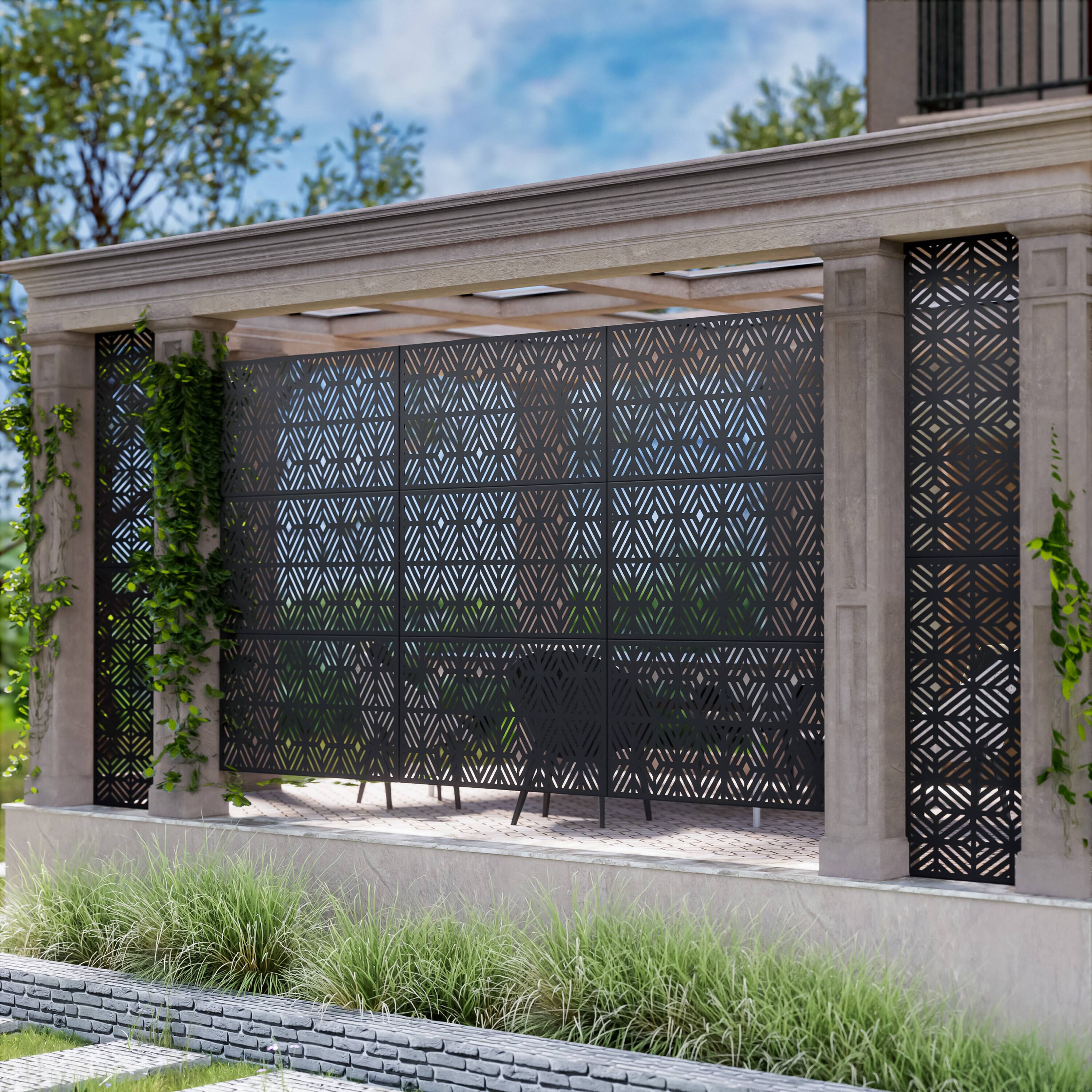 Alt View 4. PexFix - 72 in. x 47 in. Francis Pattern Metal Outdoor Privacy Screen & Panels, Freestanding Garden Divider Fence - Black.
