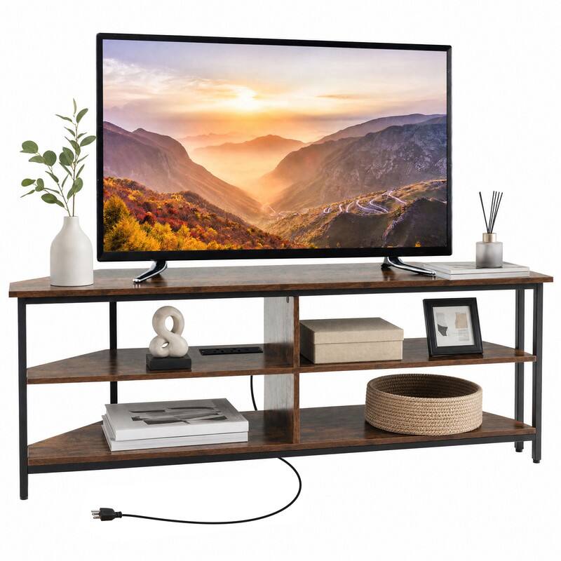 Alt View 3. WELLFOR - 3-Tier Corner TV Stand for TVs up to 65",Industrial Entertainment Center Console Table with Power Outlets and USB Ports - Black.