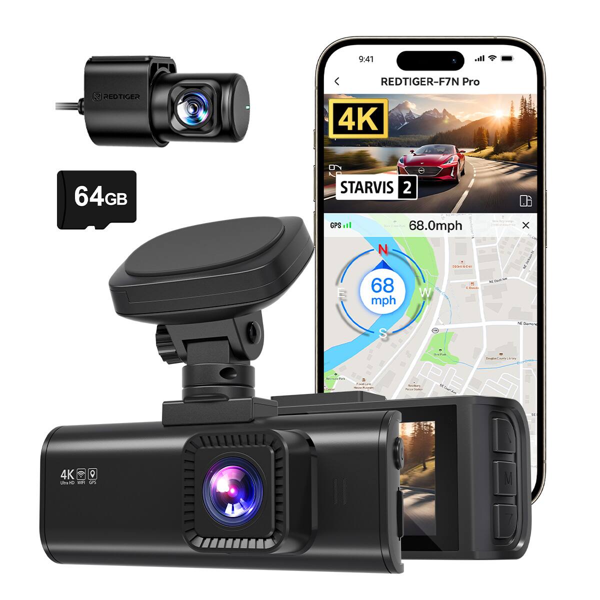 REDTIGER - F7N Pro 4K Dual Dash Cam, STARVIS 2, 4K/2.5K+1080P, 5.8Hz WiFi 6, &64G Card, GPS, 3.18'' Screen, Parking Monitor - Black price history on PriceWatchPro