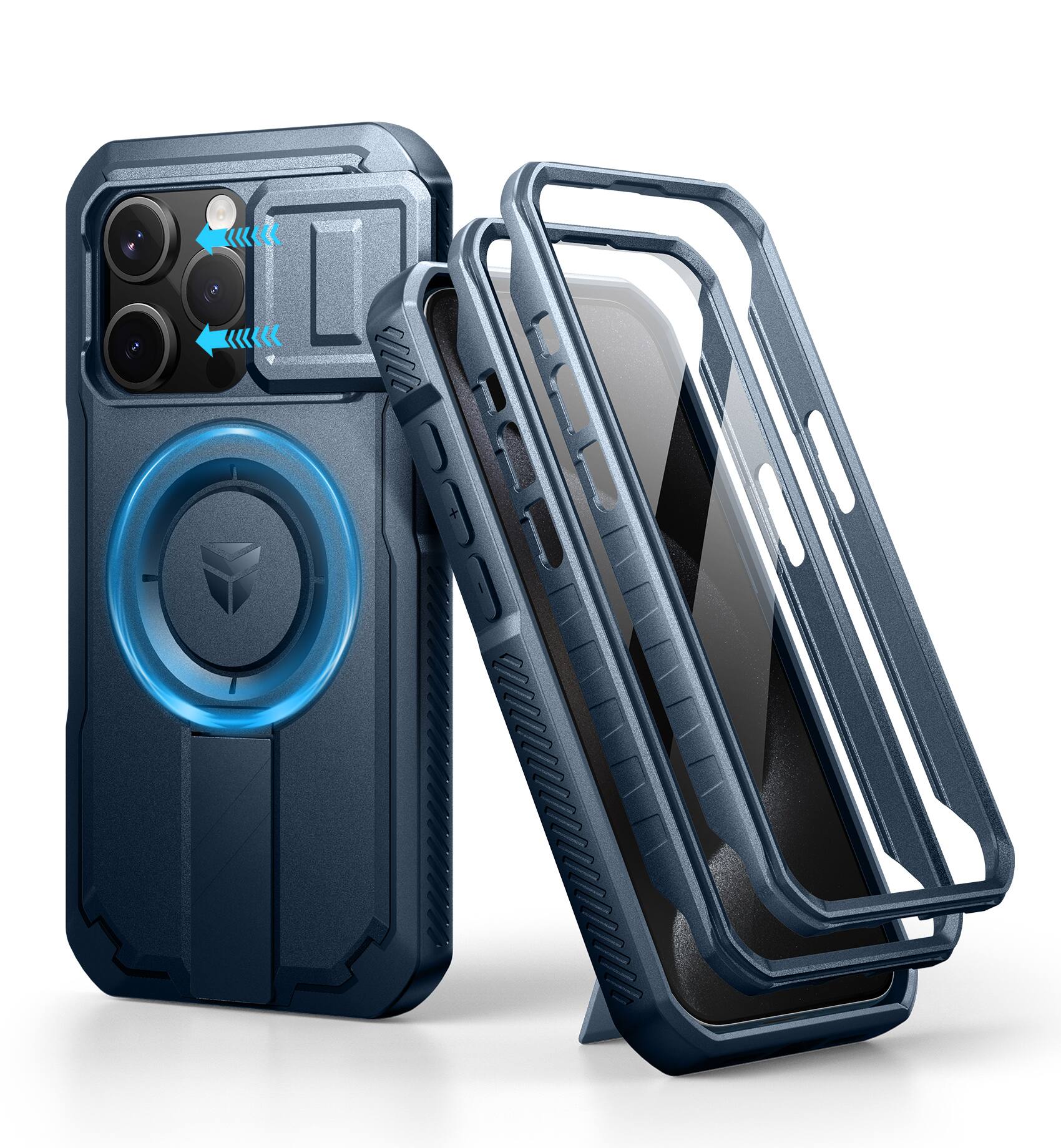 dexnor - iPhone 15 Pro Case with Slide Camera Cover & Adjustable Kickstand & Built-in Screen Protector - Navy Blue