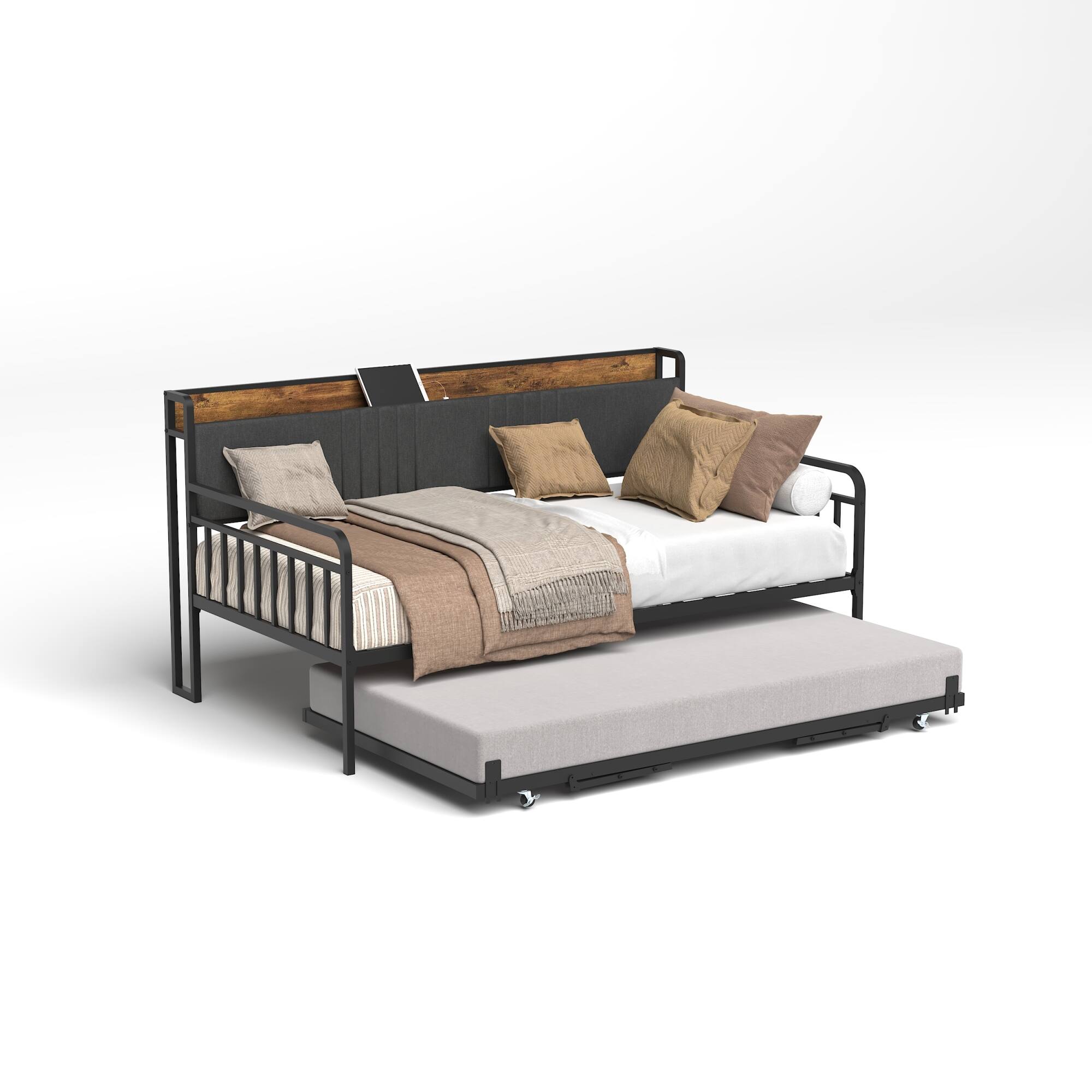 Alt View 4. GOODSILO - Sturdy Twin Daybed with Upholstered Headboard Built-in Charging Station and RGB Lighting for Versatile Use - Black+Brown+Grey.