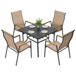 Nuu Garden - 5-Piece Textilene Patio Dining Set with Umbrella Hole, Stackable Design - Black and Khaki