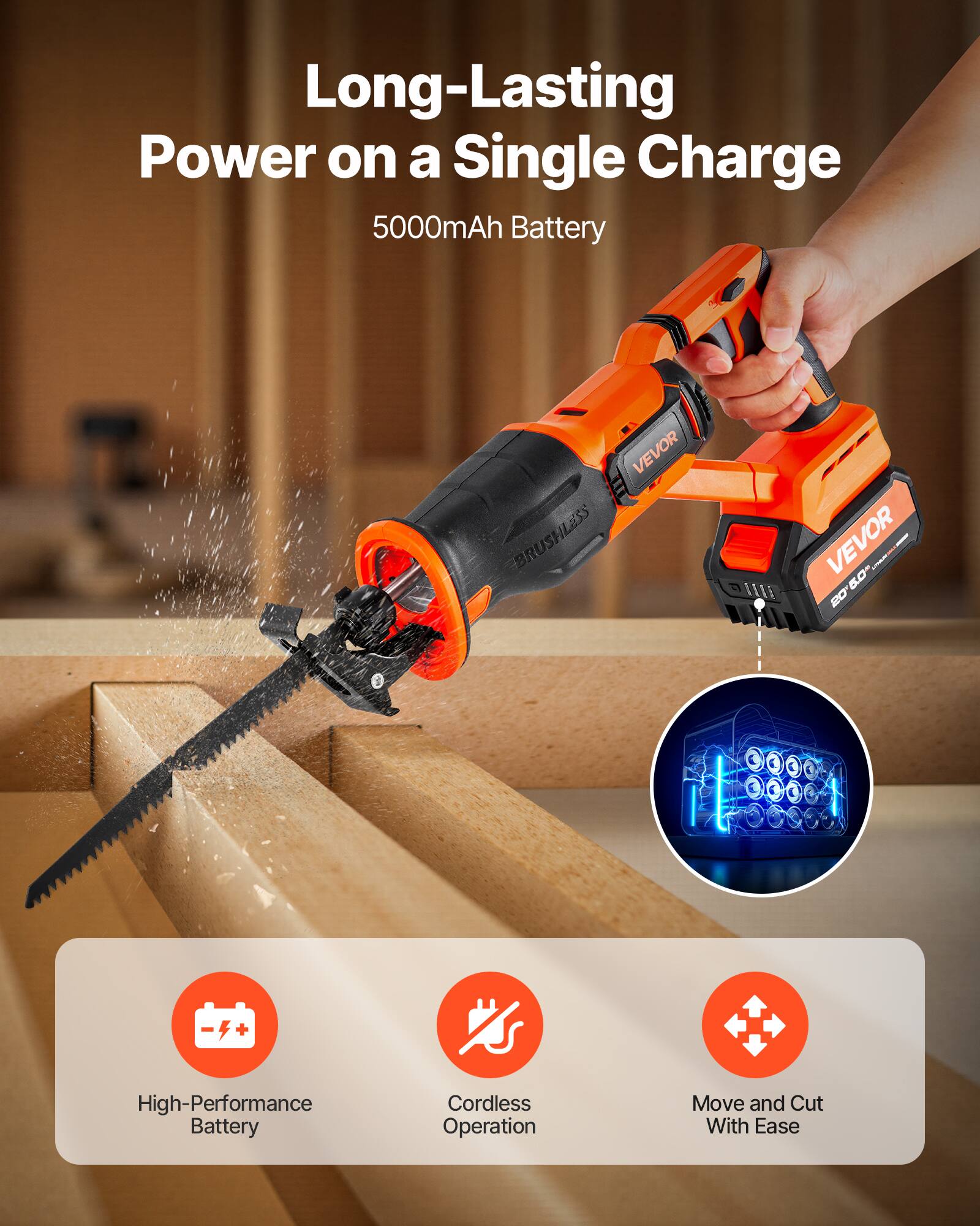 Long-Lasting Power on a Single Charge  
5000mAh Battery  

VEVOR BRUSHLESS  

High-Performance Battery  
Cordless Operation  
Move and Cut With Ease