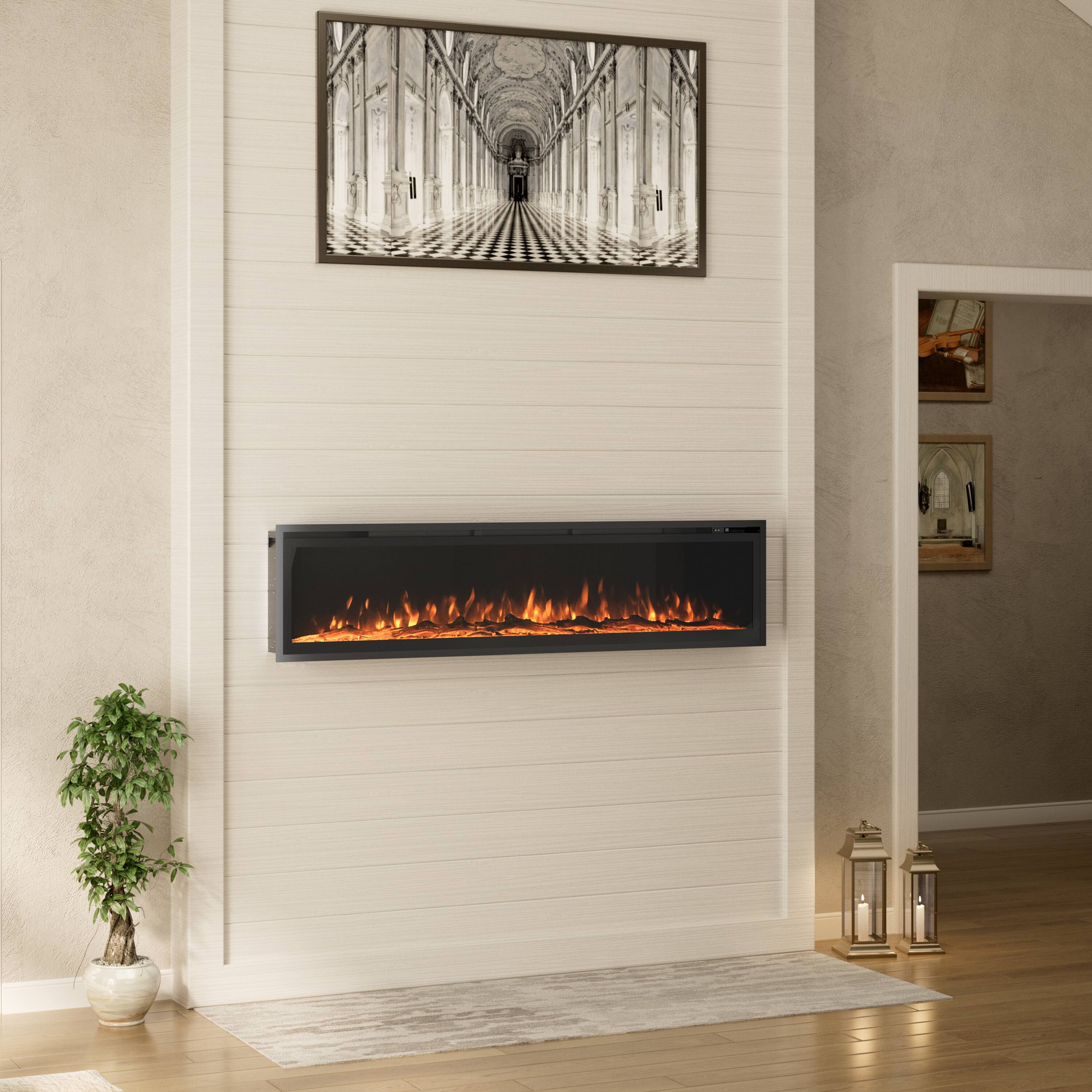 Angle. Mondawe - 72" Recessed/Wall-Mounted/Free-Standing Electric Fireplace with Adjustable Light Colors and Touch Screen Control - Black.