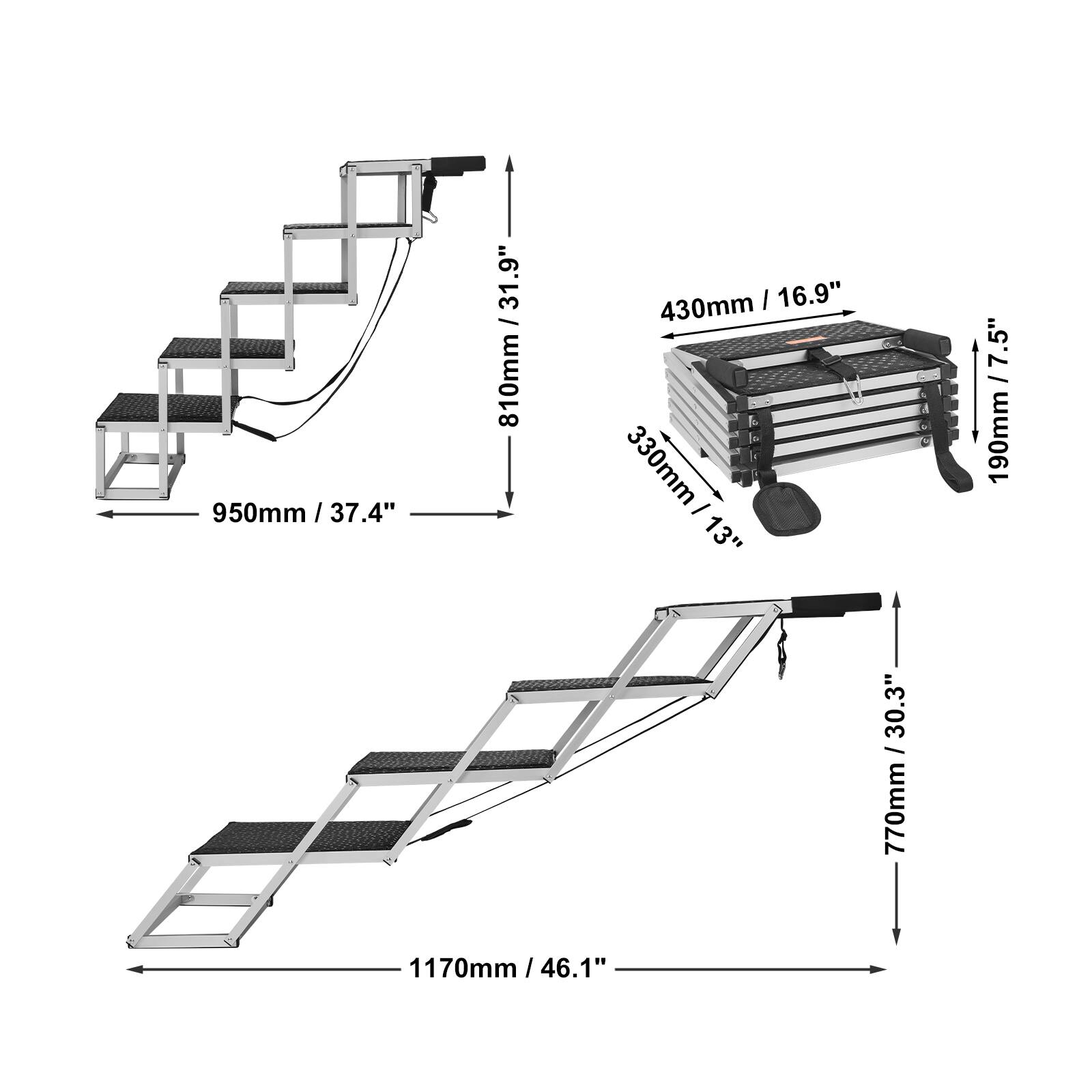 950mm / 37.4", 810mm / 31.9", 430mm / 16.9", 330mm / 13" / 7.5", 190mm, 30.3" / 770mm, 1170mm / 46.1"