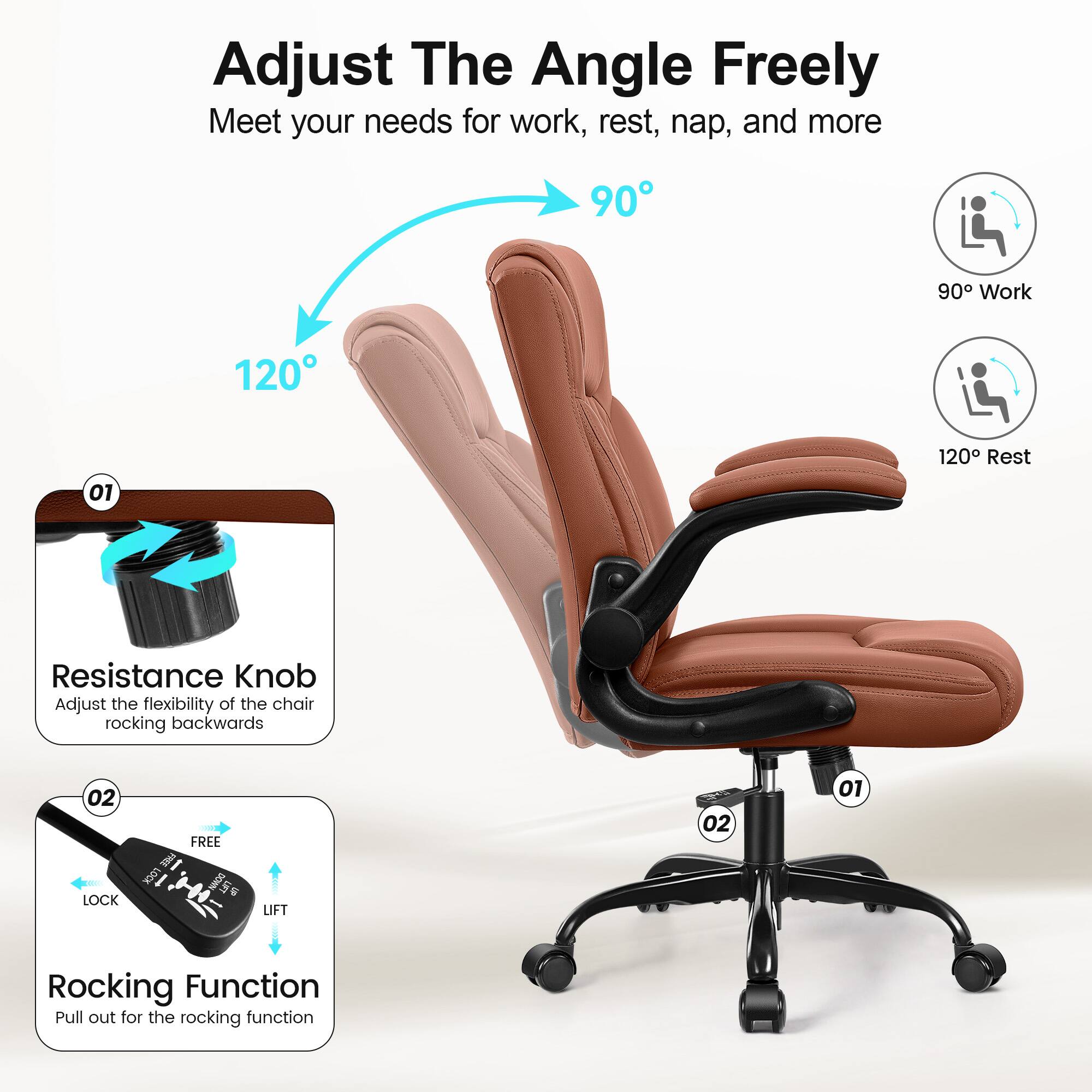 Adjust The Angle Freely  
Meet your needs for work, rest, nap, and more  

90° Work  
120° Rest  

01 Resistance Knob  
Adjust the flexibility of the chair rocking backwards  

02 Rocking Function  
Pull out for the rocking function  

LOCK  
FREE  
LIFT