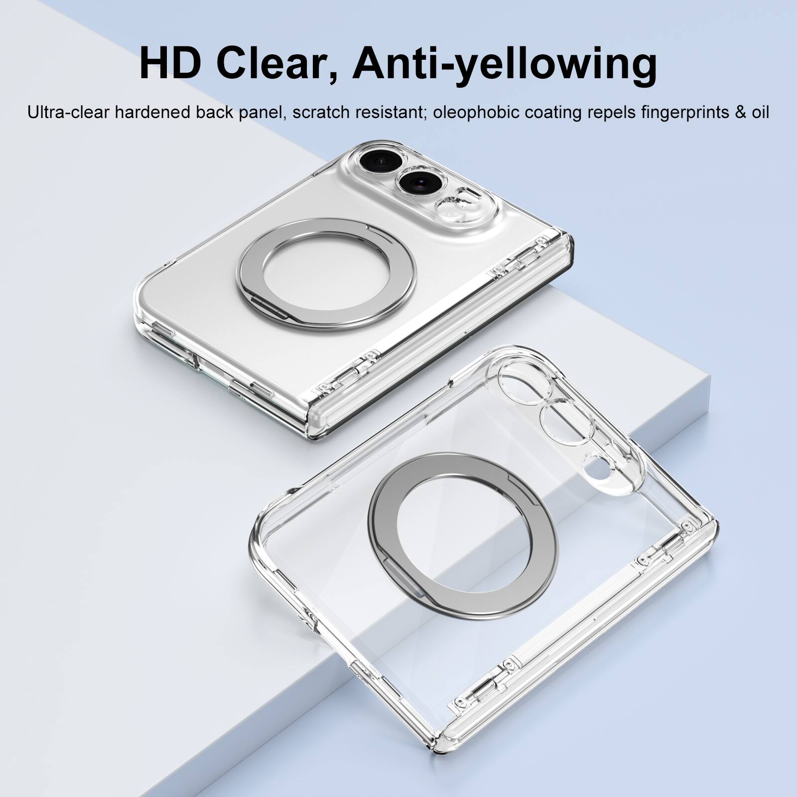 HD Clear, Anti-yellowing  
Ultra-clear hardened back panel, scratch resistant; oleophobic coating repels fingerprints & oil