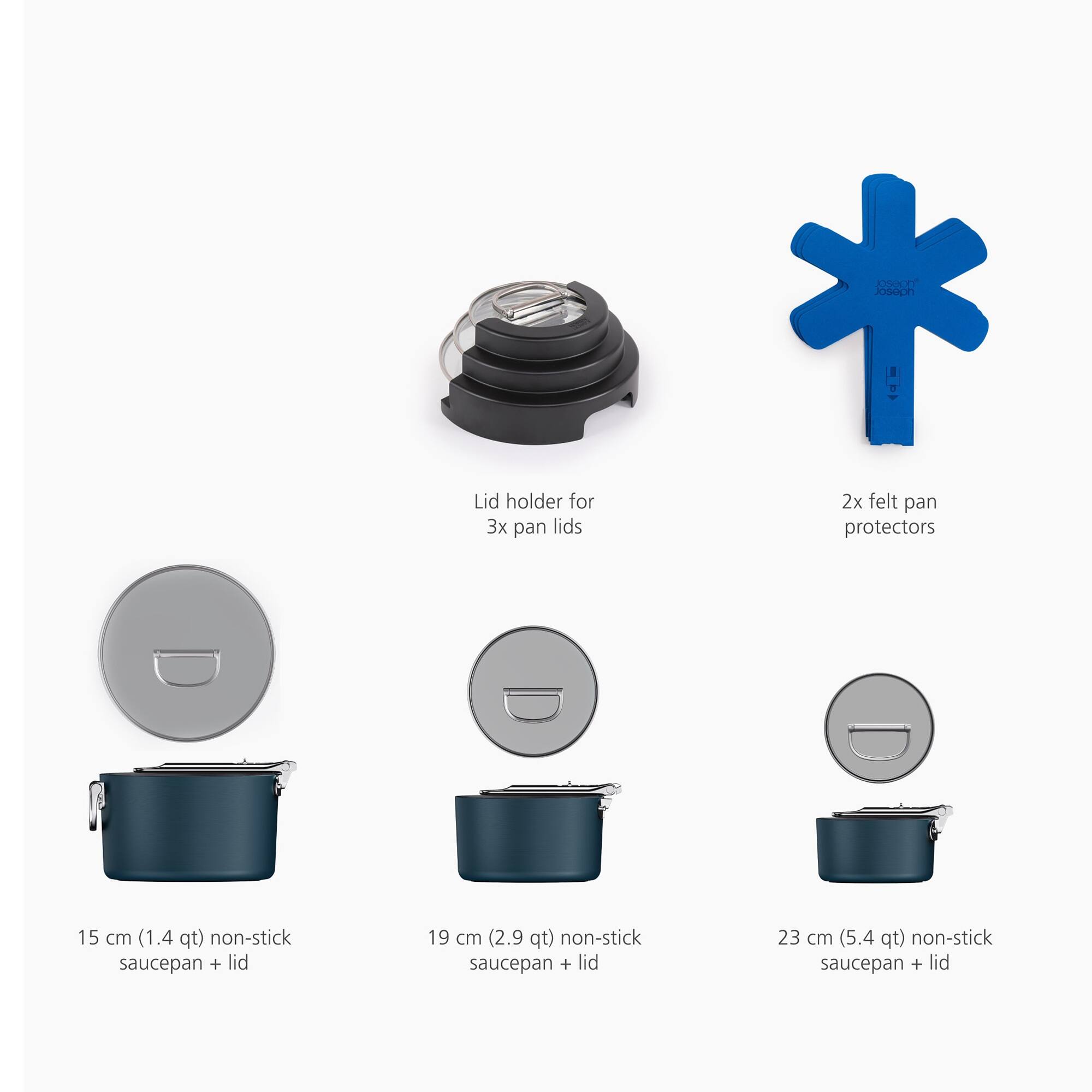 CBECET Joseon

- Lid holder for 3x pan lids
- 2x felt pan protectors

- 15 cm (1.4 qt) non-stick saucepan + lid
- 19 cm (2.9 qt) non-stick saucepan + lid
- 23 cm (5.4 qt) non-stick saucepan + lid