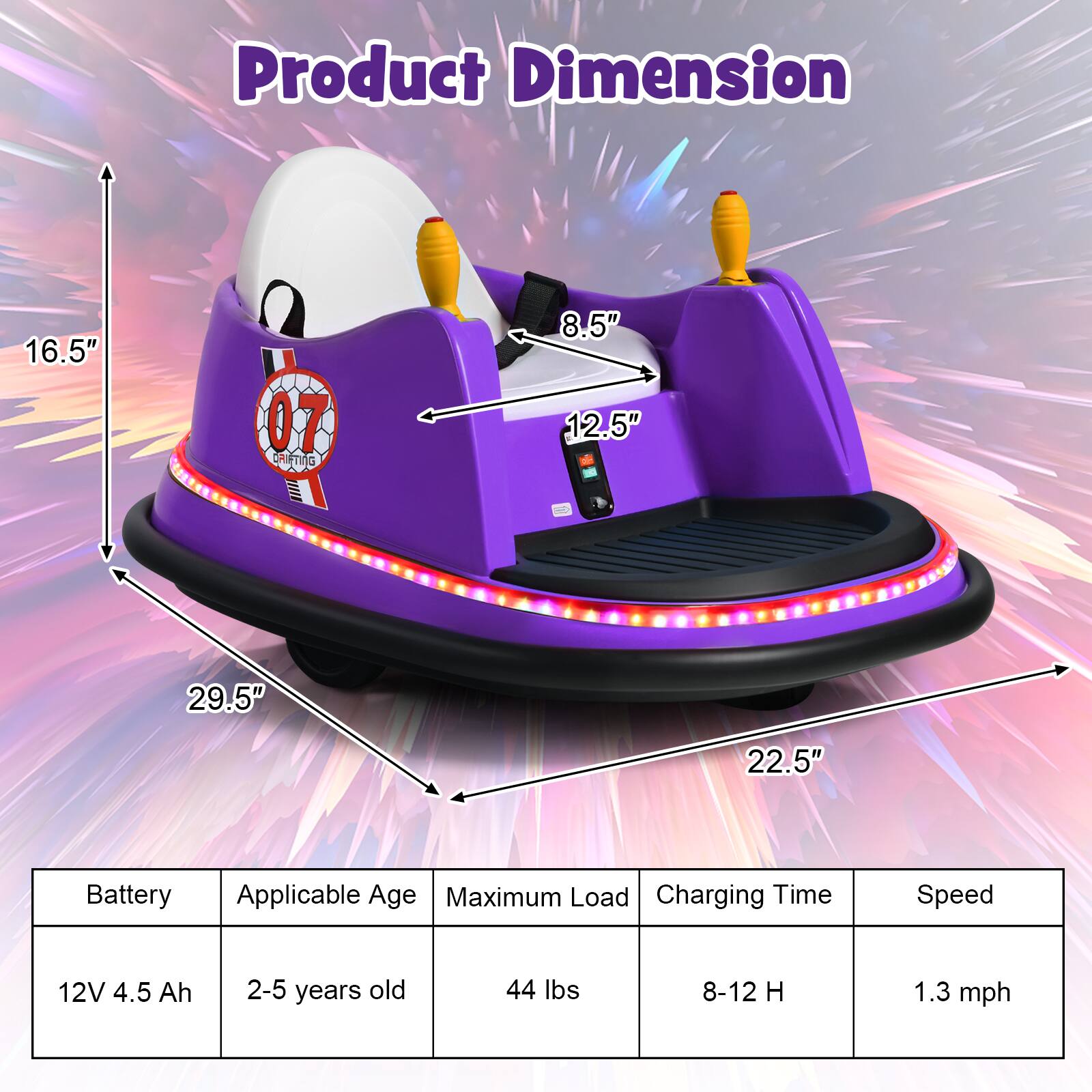 Product Dimension

- 16.5"
- 8.5"
- 12.5"
- 29.5"
- 22.5"

Battery: 12V 4.5 Ah

Applicable Age: 2-5 years old

Maximum Load: 44 lbs

Charging Time: 8-12 H

Speed: 1.3 mph