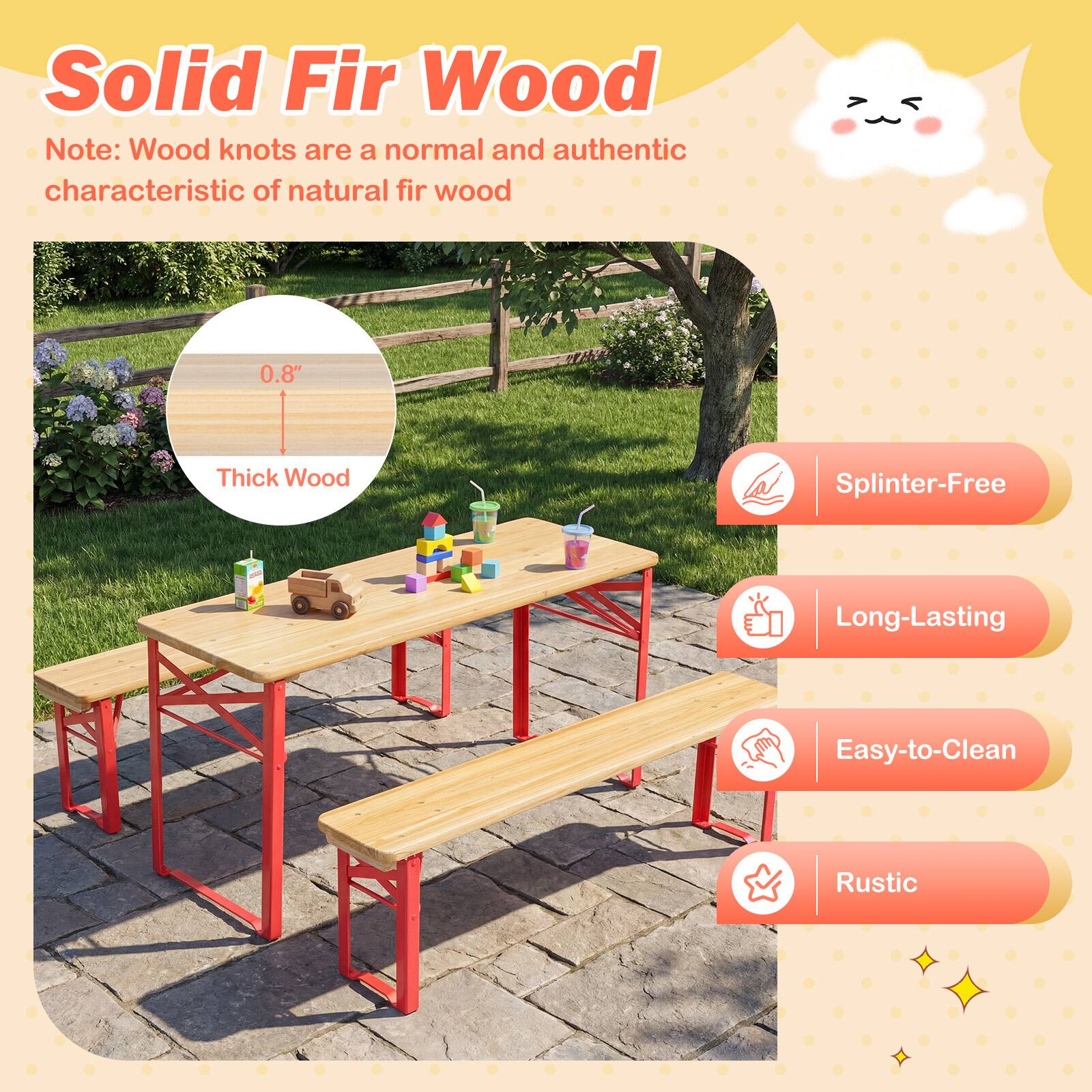 Solid Fir Wood  
Note: Wood knots are a normal and authentic characteristic of natural fir wood  

0.8" Thick Wood  

- Splinter-Free  
- Long-Lasting  
- Easy-to-Clean  
- Rustic